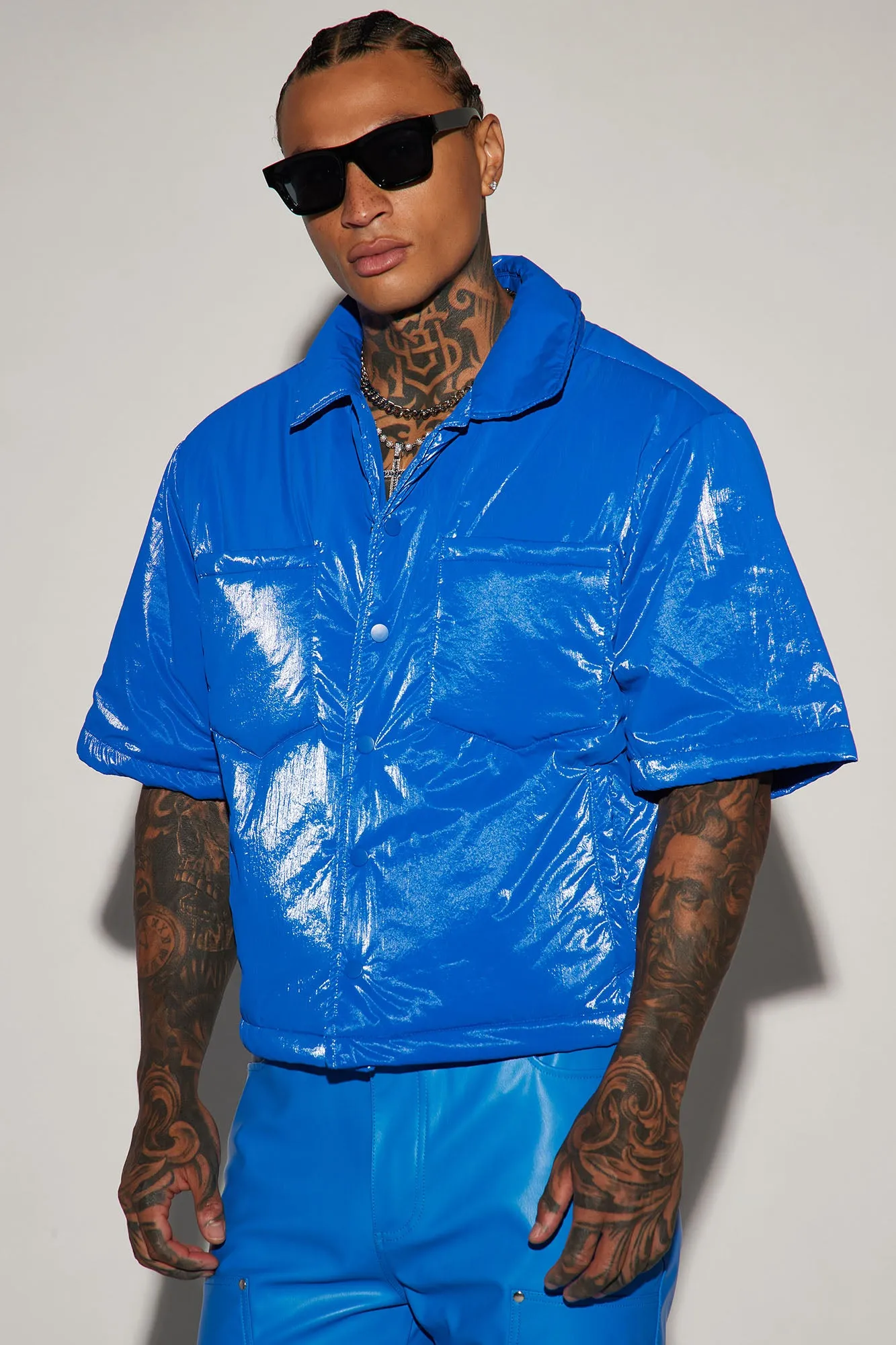 Aston Shine Nylon Puffer Cropped Shacket - Blue