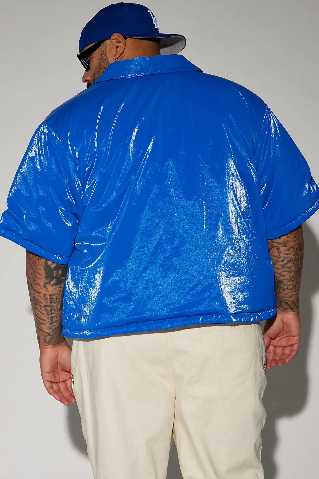 Aston Shine Nylon Puffer Cropped Shacket - Blue
