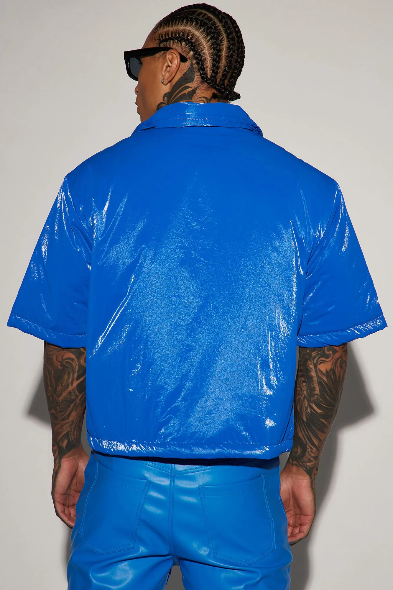 Aston Shine Nylon Puffer Cropped Shacket - Blue