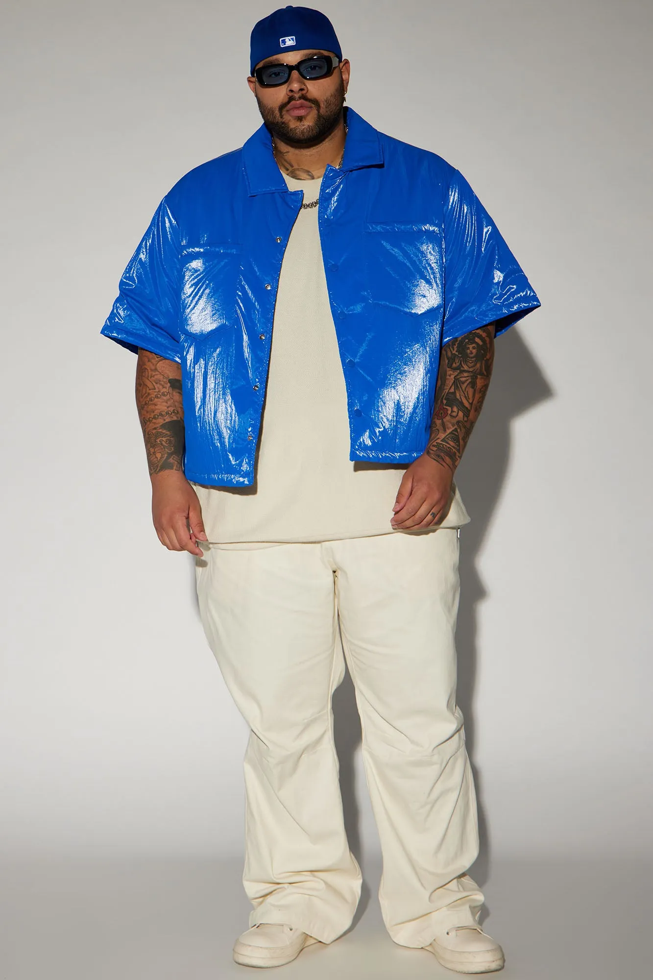 Aston Shine Nylon Puffer Cropped Shacket - Blue