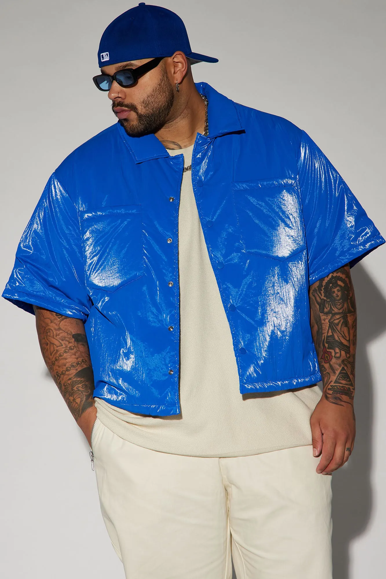 Aston Shine Nylon Puffer Cropped Shacket - Blue