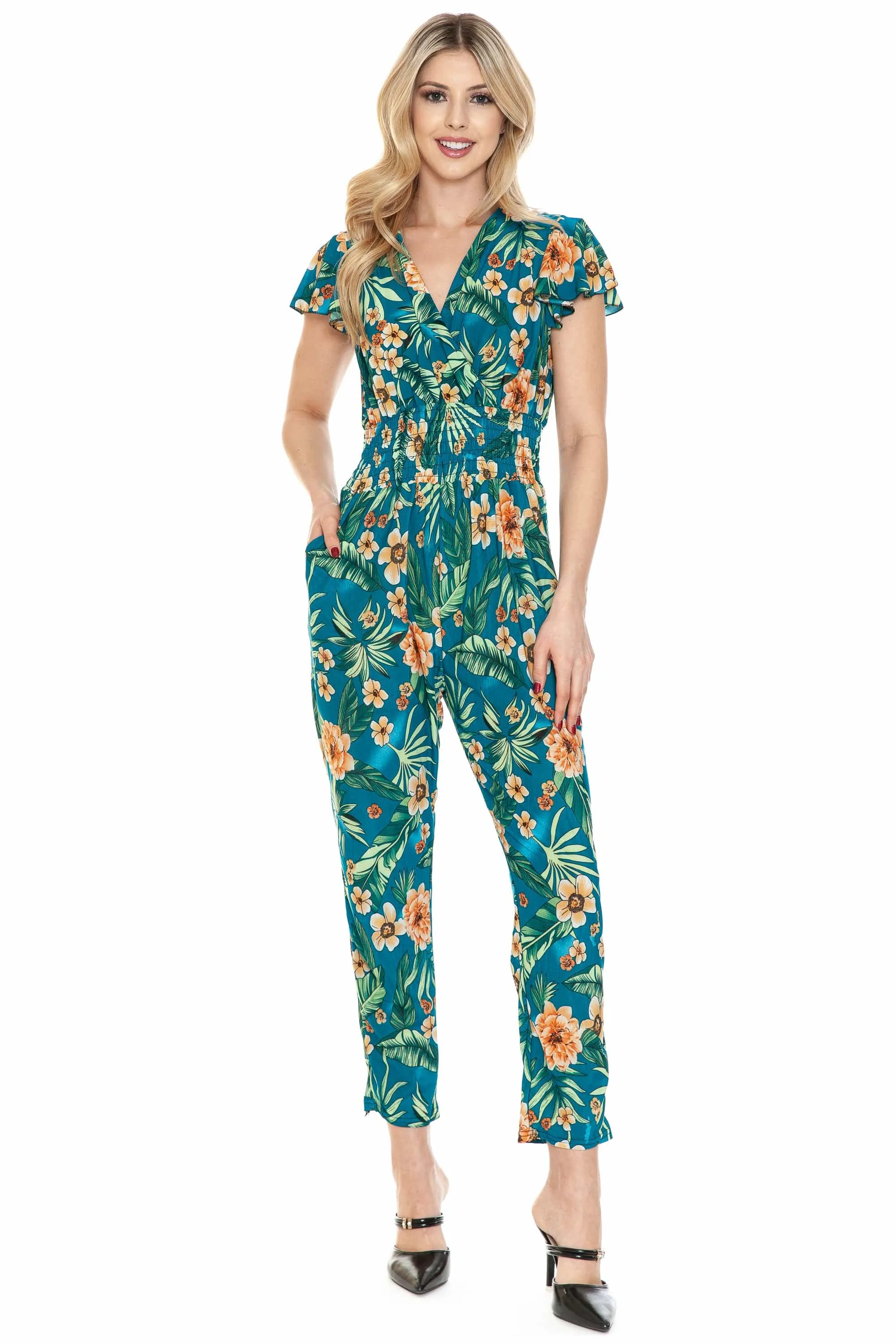 Auliné Collection Womens Short Cap Sleeve V-Neck Long Pants Romper Jumpsuit