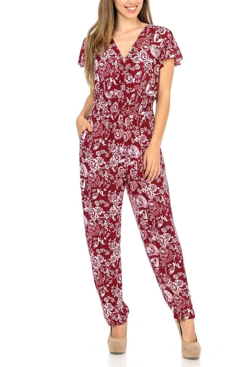 Auliné Collection Womens Short Cap Sleeve V-Neck Long Pants Romper Jumpsuit