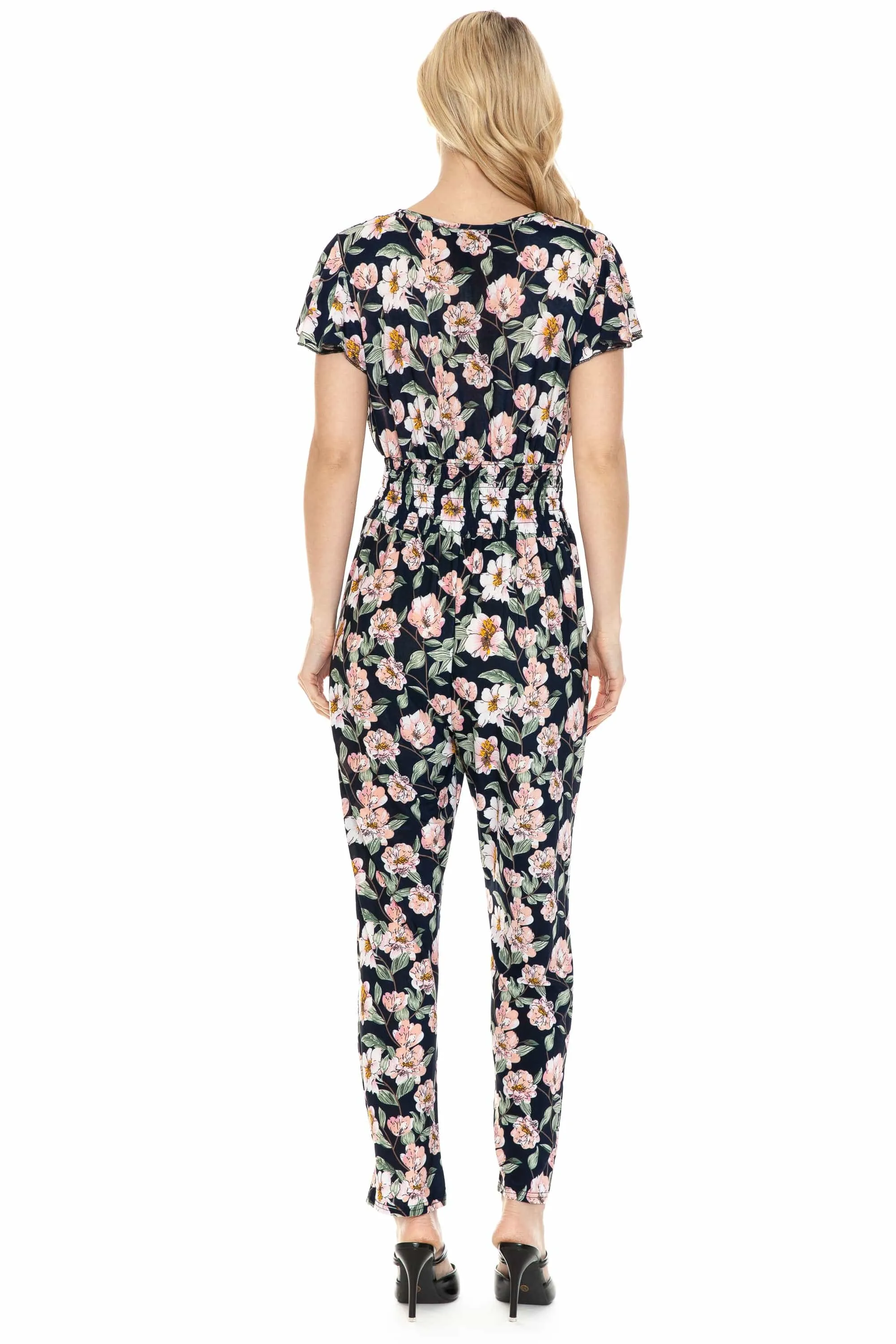 Auliné Collection Womens Short Cap Sleeve V-Neck Long Pants Romper Jumpsuit