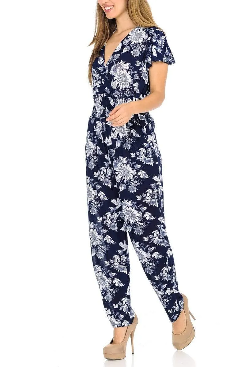 Auliné Collection Womens Short Cap Sleeve V-Neck Long Pants Romper Jumpsuit