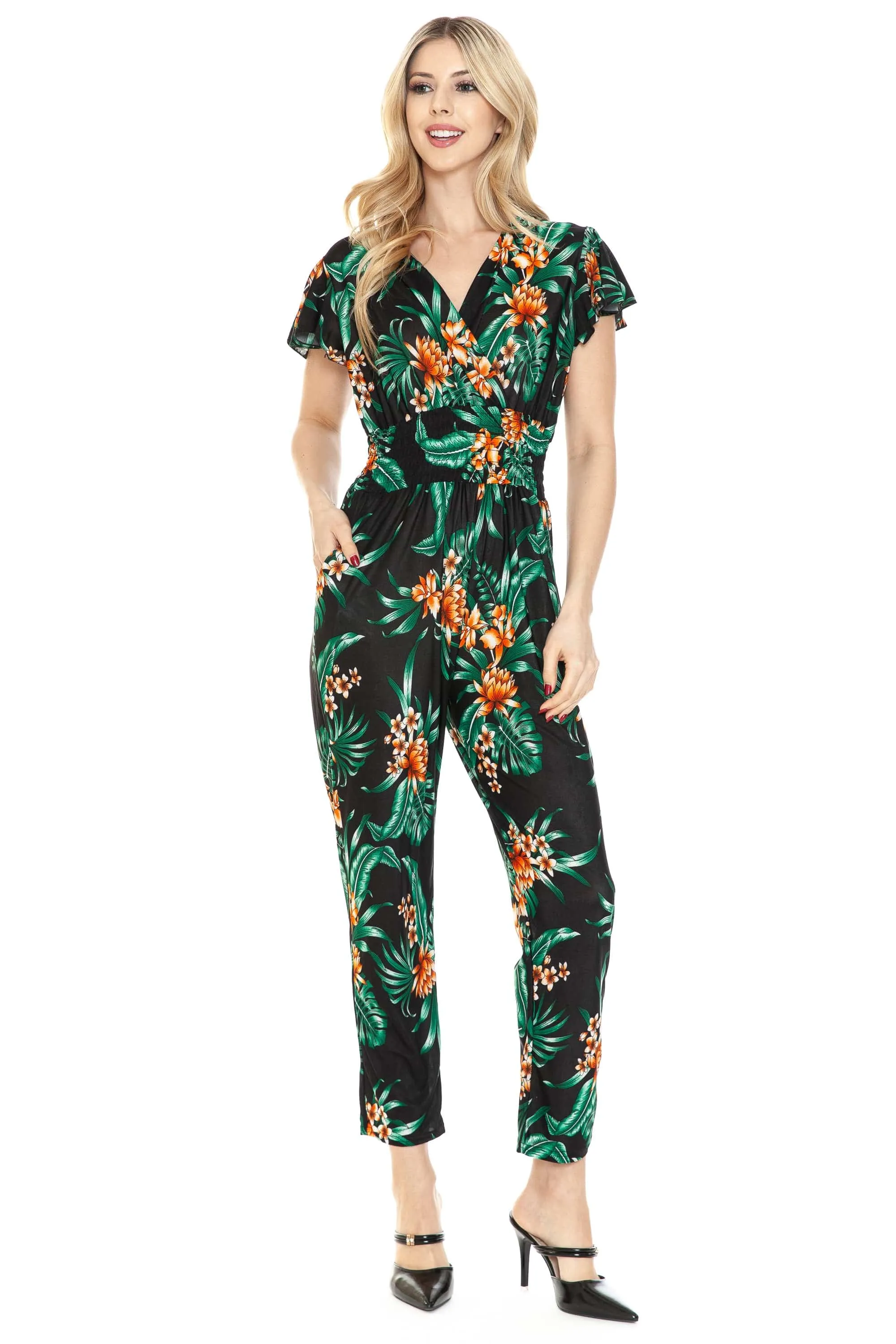 Auliné Collection Womens Short Cap Sleeve V-Neck Long Pants Romper Jumpsuit
