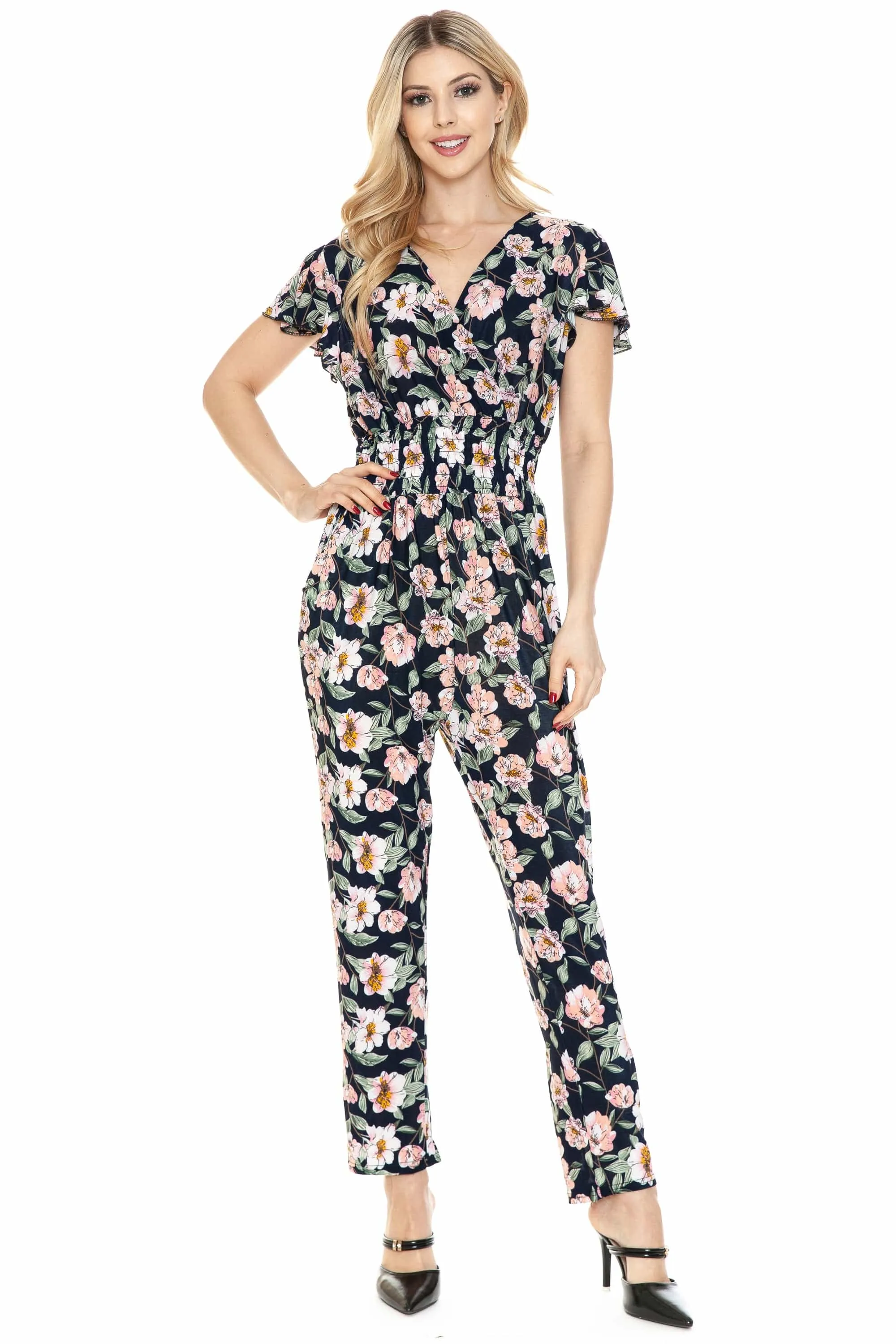 Auliné Collection Womens Short Cap Sleeve V-Neck Long Pants Romper Jumpsuit