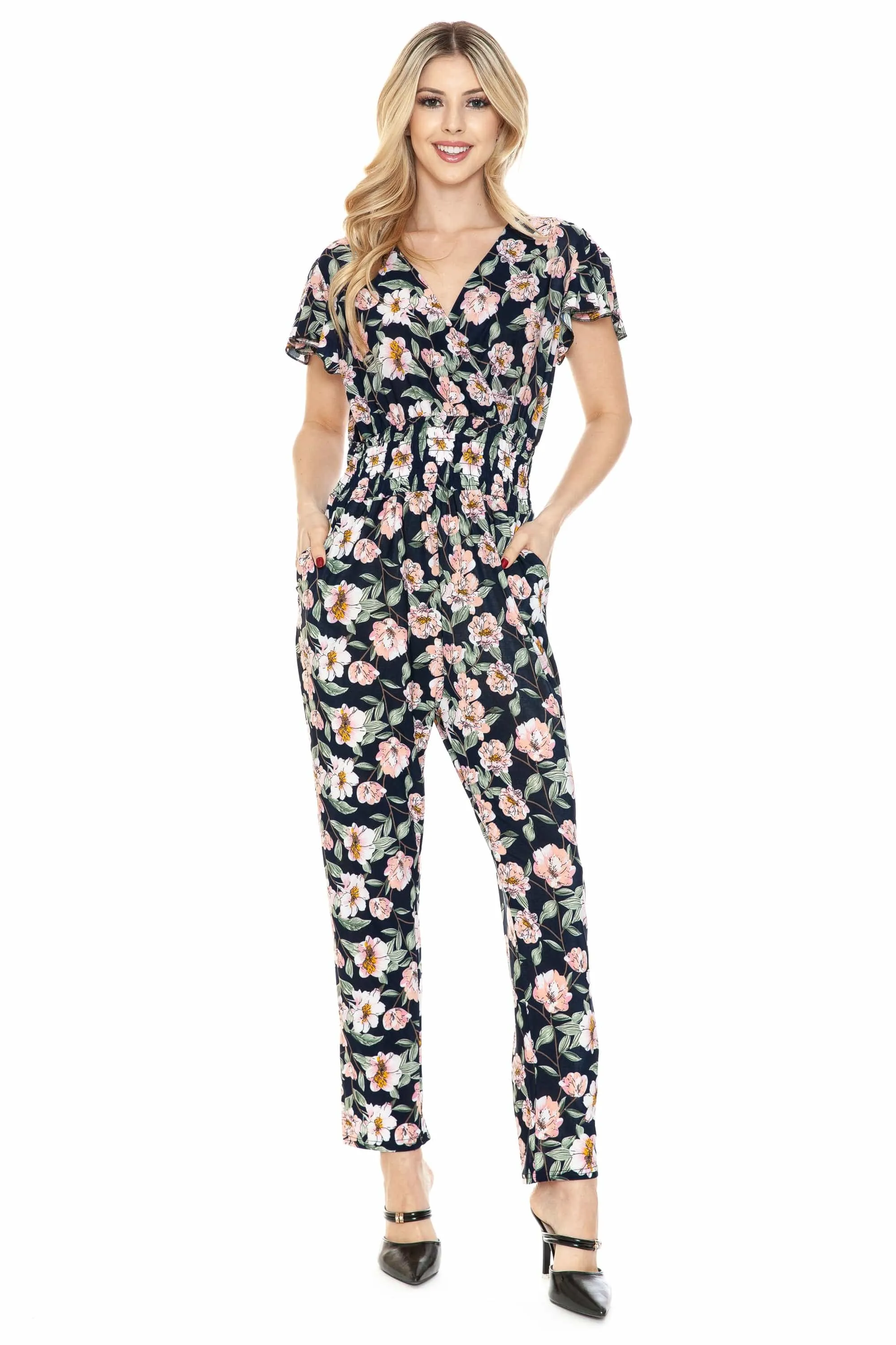 Auliné Collection Womens Short Cap Sleeve V-Neck Long Pants Romper Jumpsuit