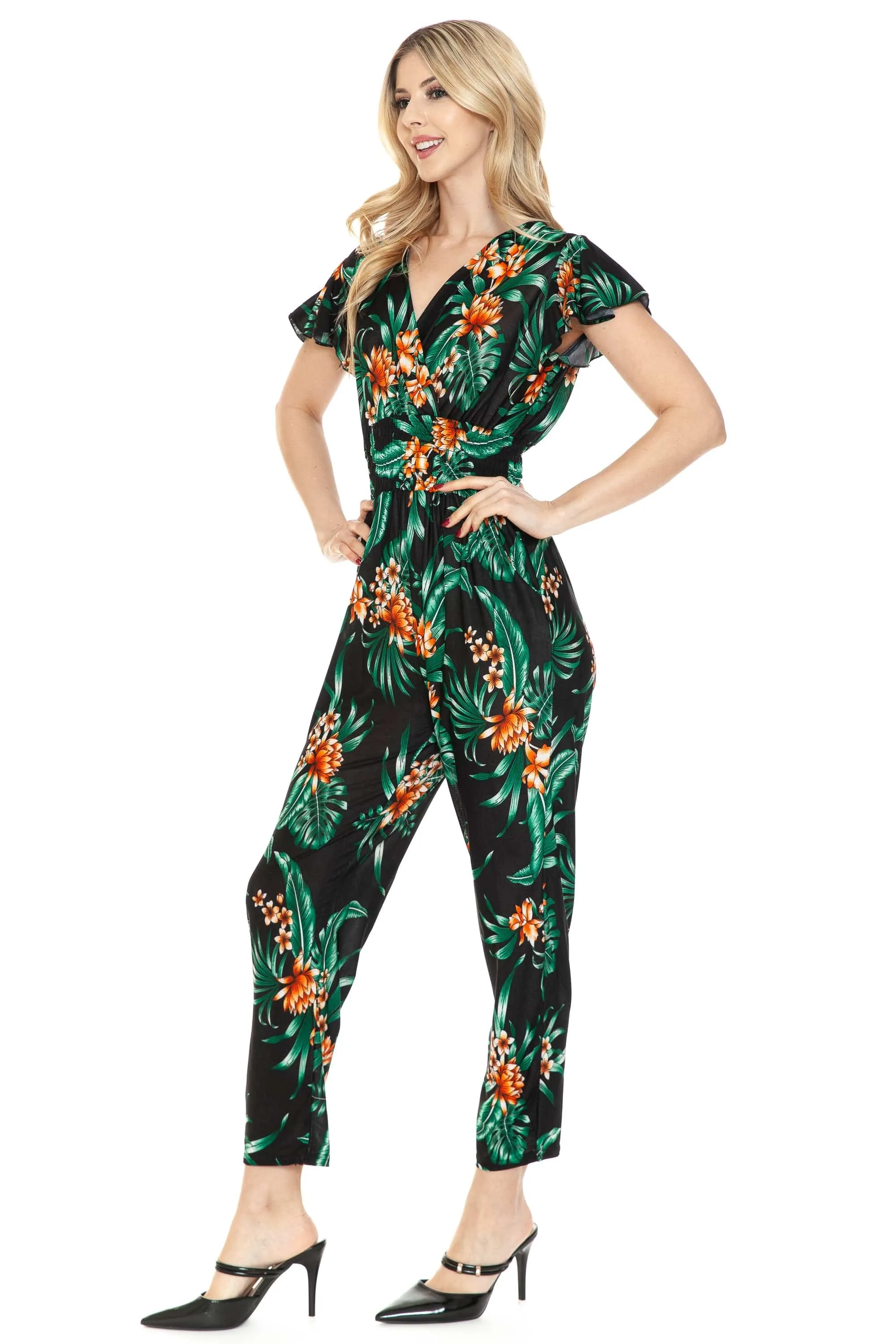 Auliné Collection Womens Short Cap Sleeve V-Neck Long Pants Romper Jumpsuit