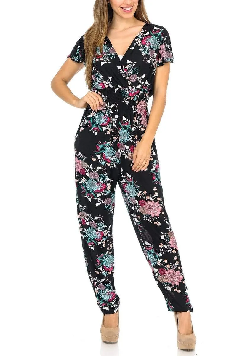 Auliné Collection Womens Short Cap Sleeve V-Neck Long Pants Romper Jumpsuit