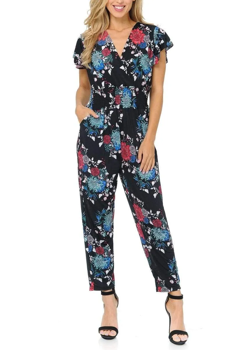 Auliné Collection Womens Short Cap Sleeve V-Neck Long Pants Romper Jumpsuit