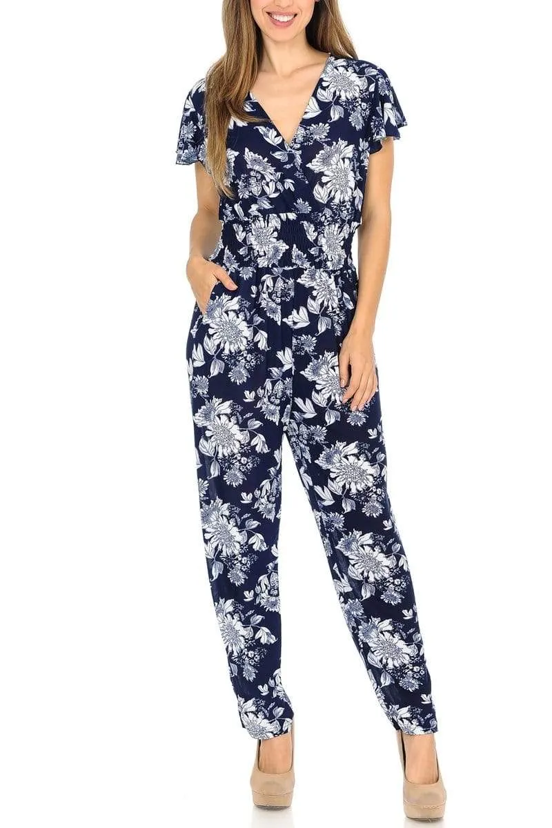 Auliné Collection Womens Short Cap Sleeve V-Neck Long Pants Romper Jumpsuit