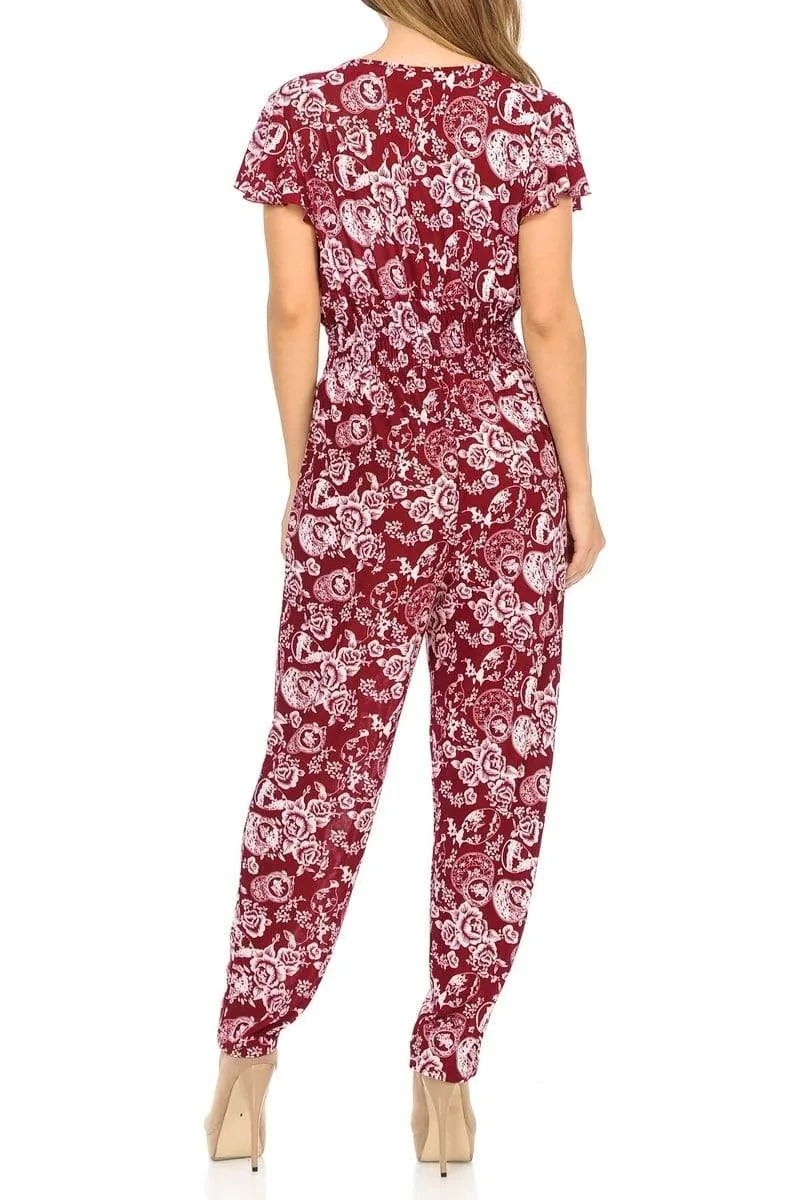Auliné Collection Womens Short Cap Sleeve V-Neck Long Pants Romper Jumpsuit