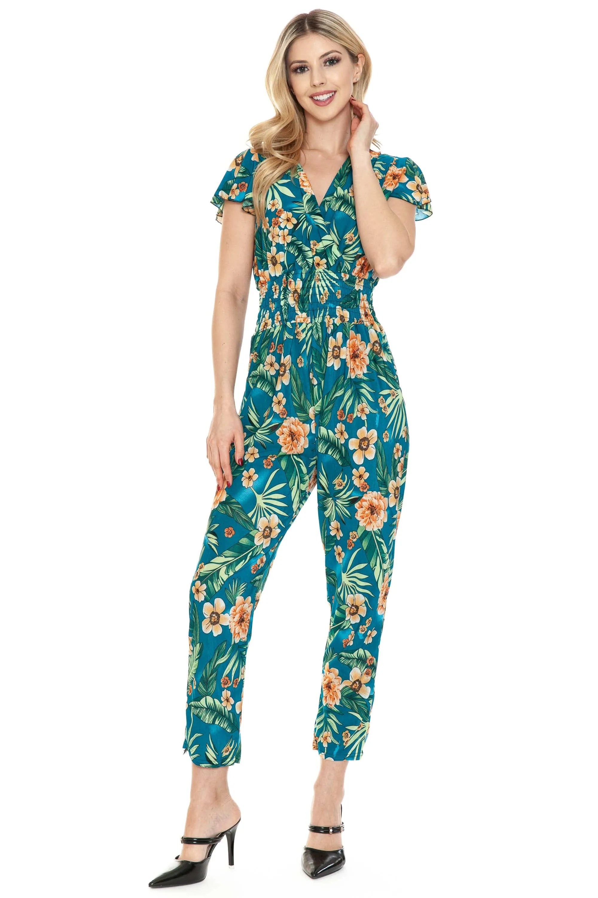 Auliné Collection Womens Short Cap Sleeve V-Neck Long Pants Romper Jumpsuit