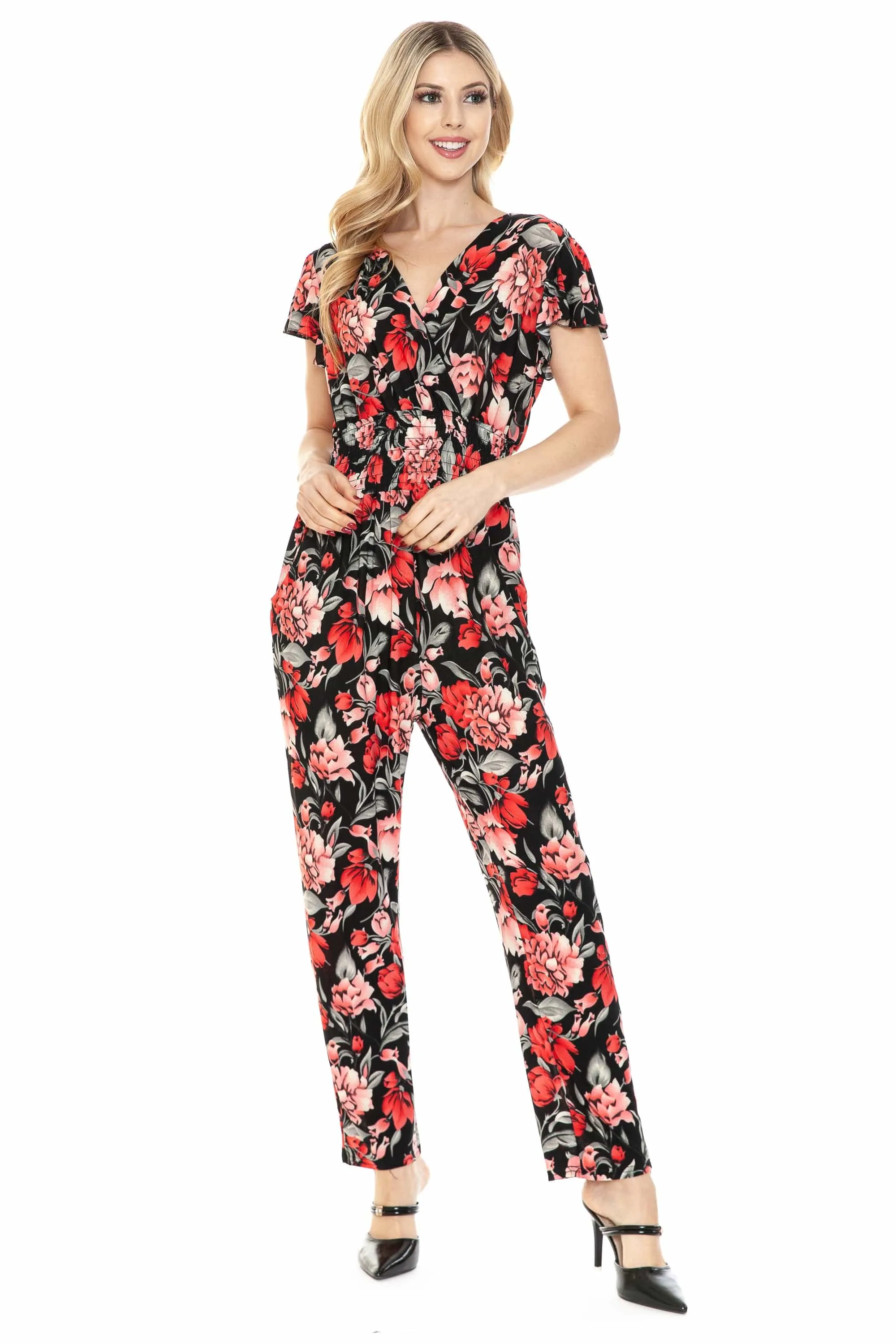 Auliné Collection Womens Short Cap Sleeve V-Neck Long Pants Romper Jumpsuit