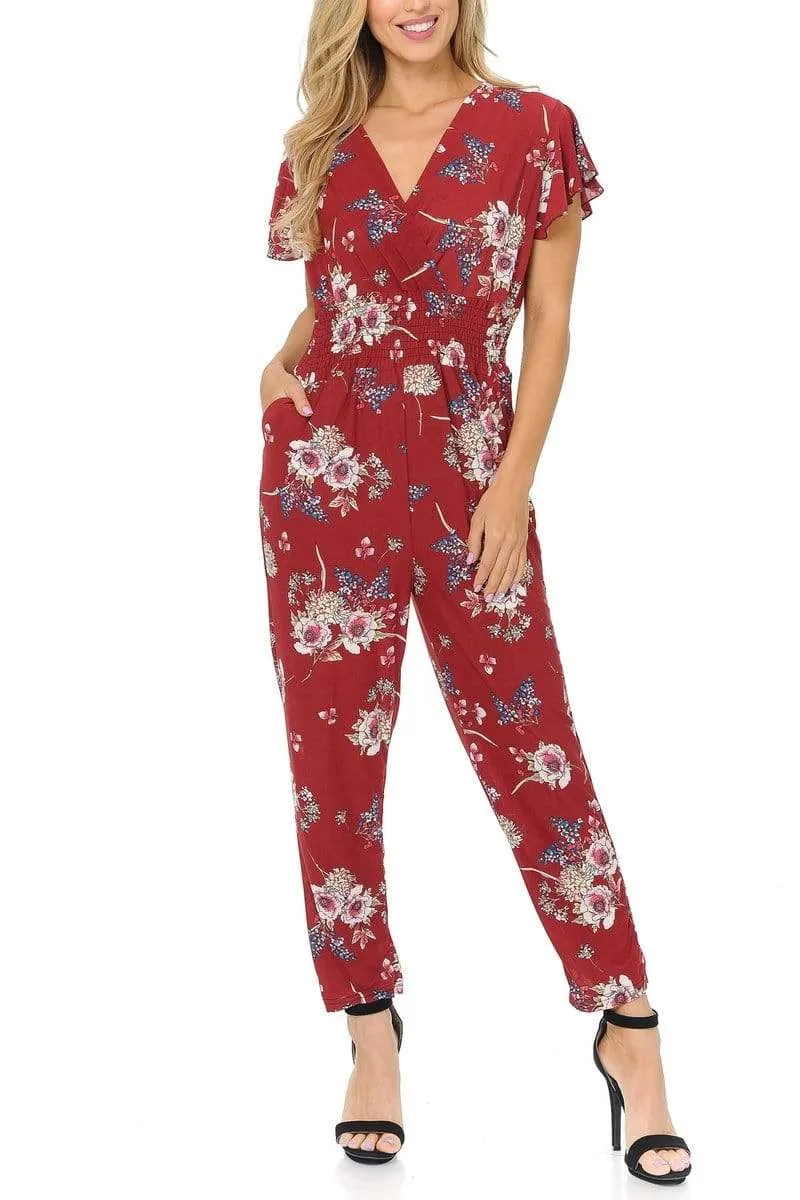 Auliné Collection Womens Short Cap Sleeve V-Neck Long Pants Romper Jumpsuit
