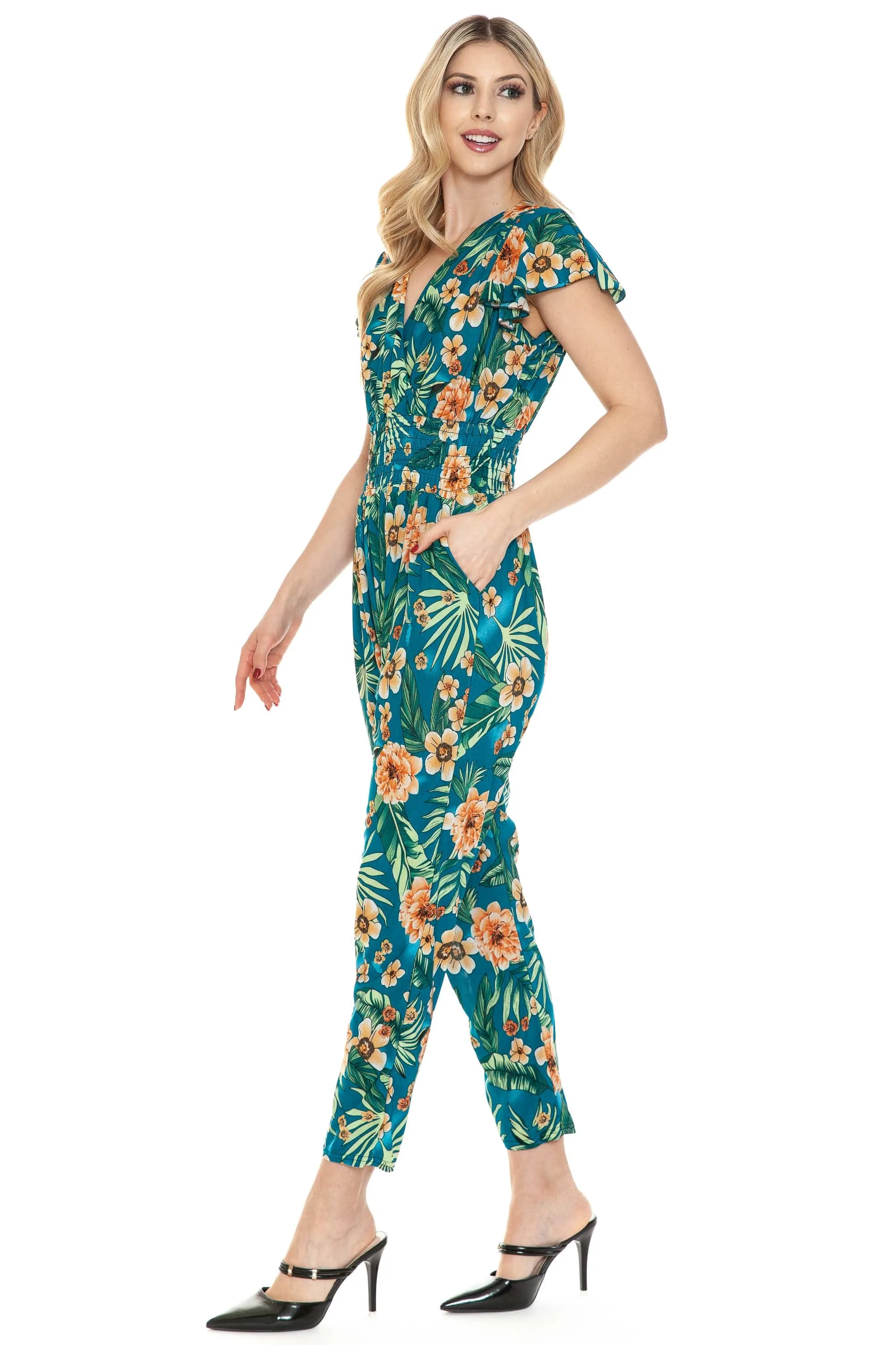 Auliné Collection Womens Short Cap Sleeve V-Neck Long Pants Romper Jumpsuit