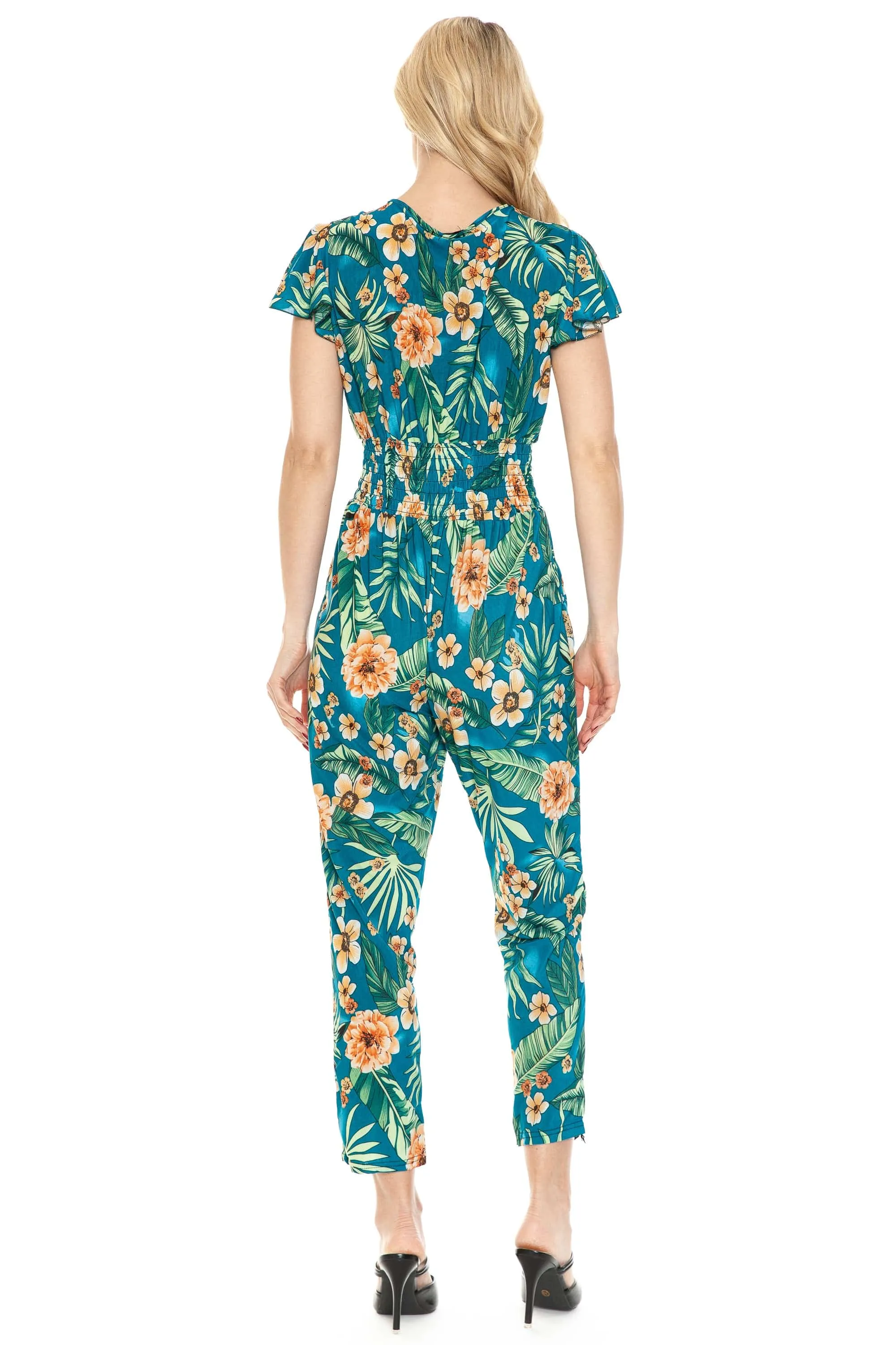 Auliné Collection Womens Short Cap Sleeve V-Neck Long Pants Romper Jumpsuit