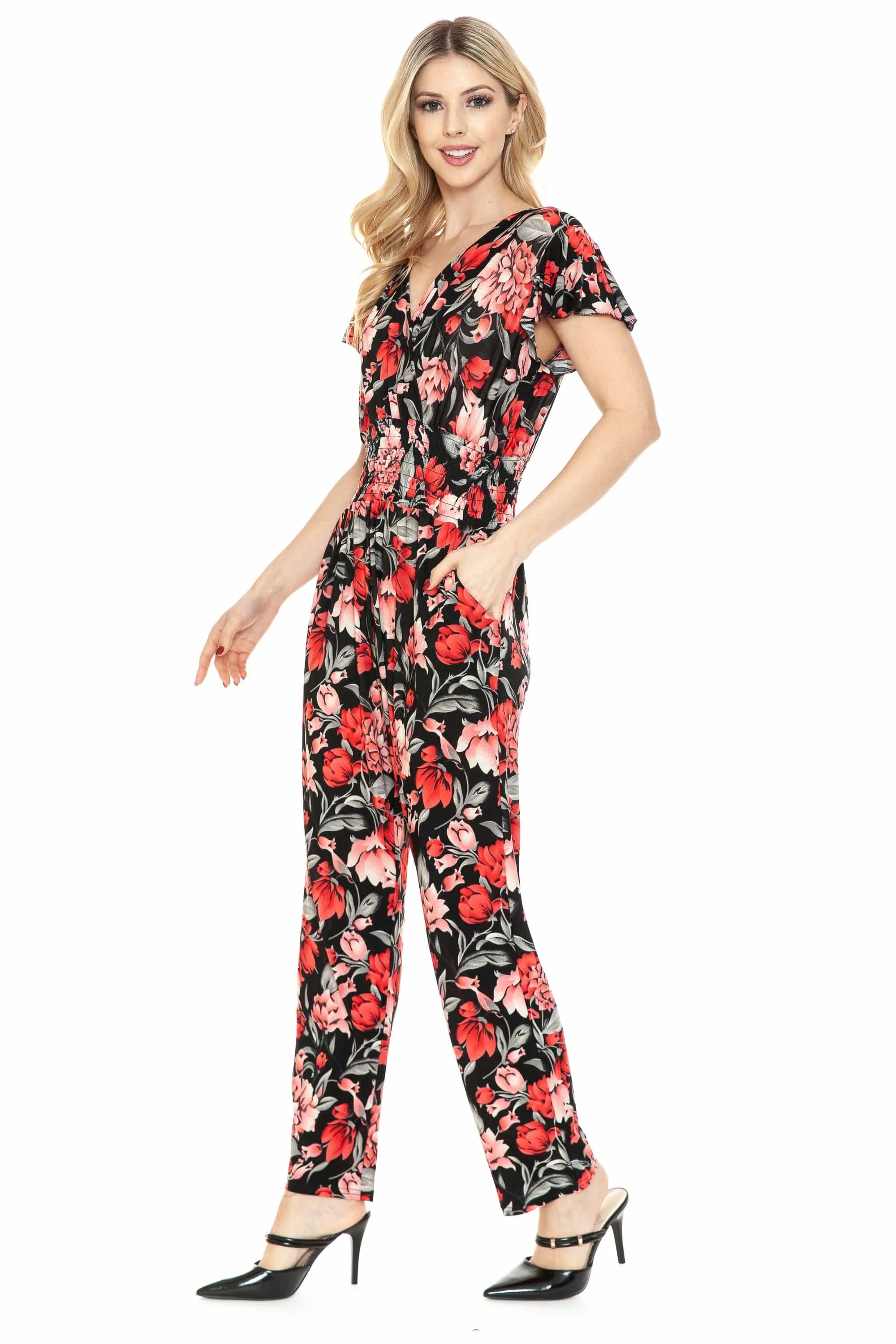Auliné Collection Womens Short Cap Sleeve V-Neck Long Pants Romper Jumpsuit