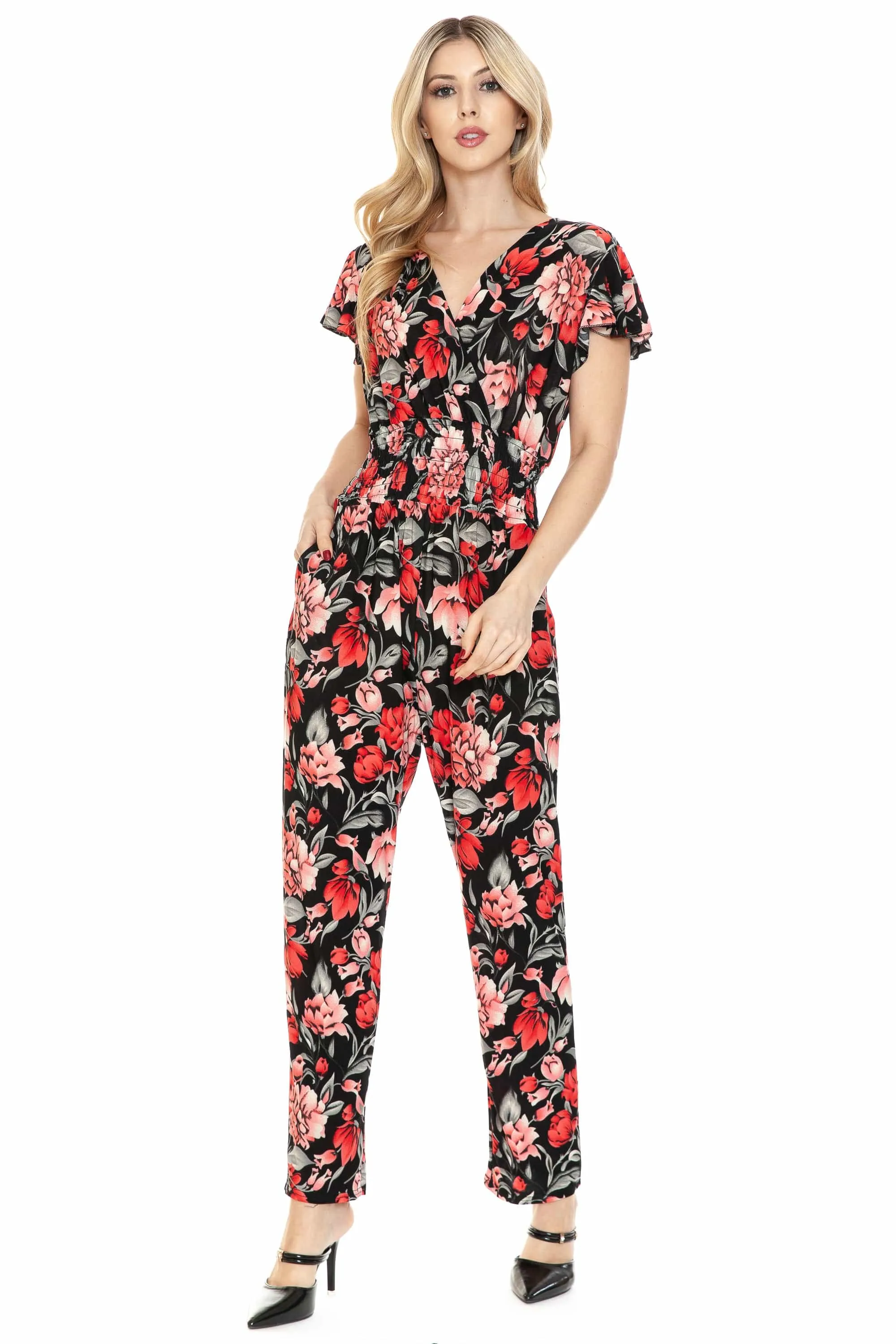 Auliné Collection Womens Short Cap Sleeve V-Neck Long Pants Romper Jumpsuit