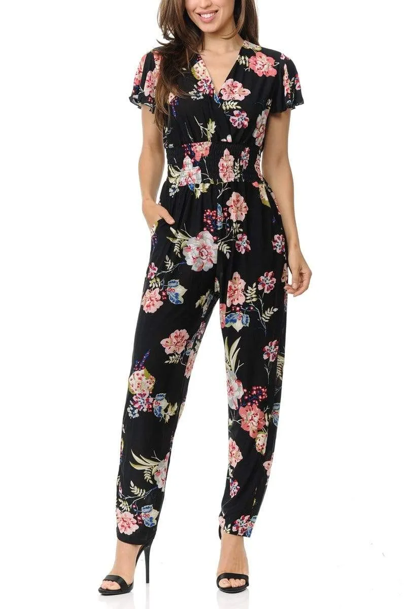 Auliné Collection Womens Short Cap Sleeve V-Neck Long Pants Romper Jumpsuit