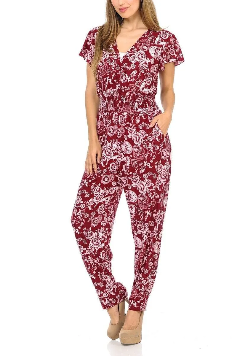 Auliné Collection Womens Short Cap Sleeve V-Neck Long Pants Romper Jumpsuit
