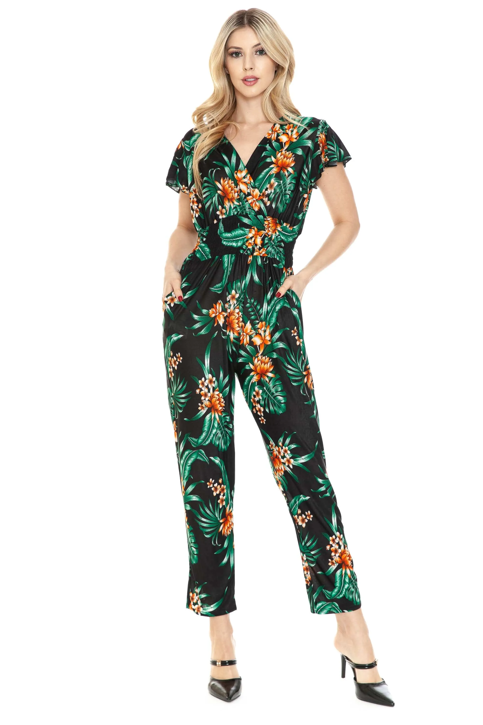 Auliné Collection Womens Short Cap Sleeve V-Neck Long Pants Romper Jumpsuit