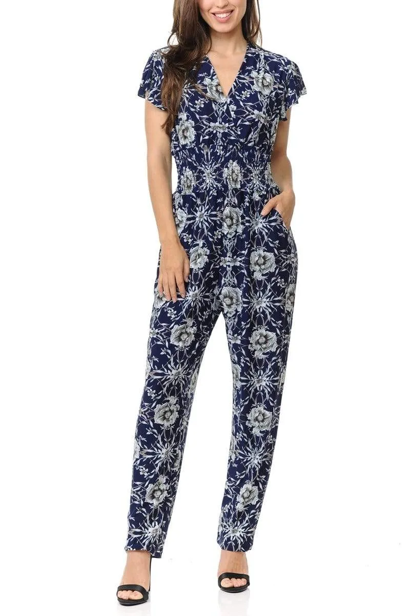 Auliné Collection Womens Short Cap Sleeve V-Neck Long Pants Romper Jumpsuit