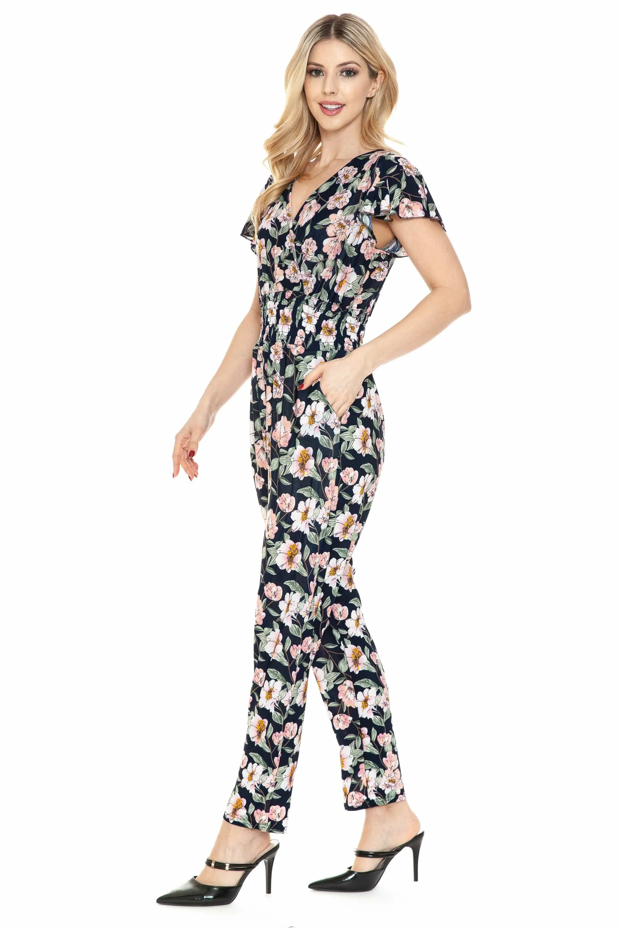 Auliné Collection Womens Short Cap Sleeve V-Neck Long Pants Romper Jumpsuit