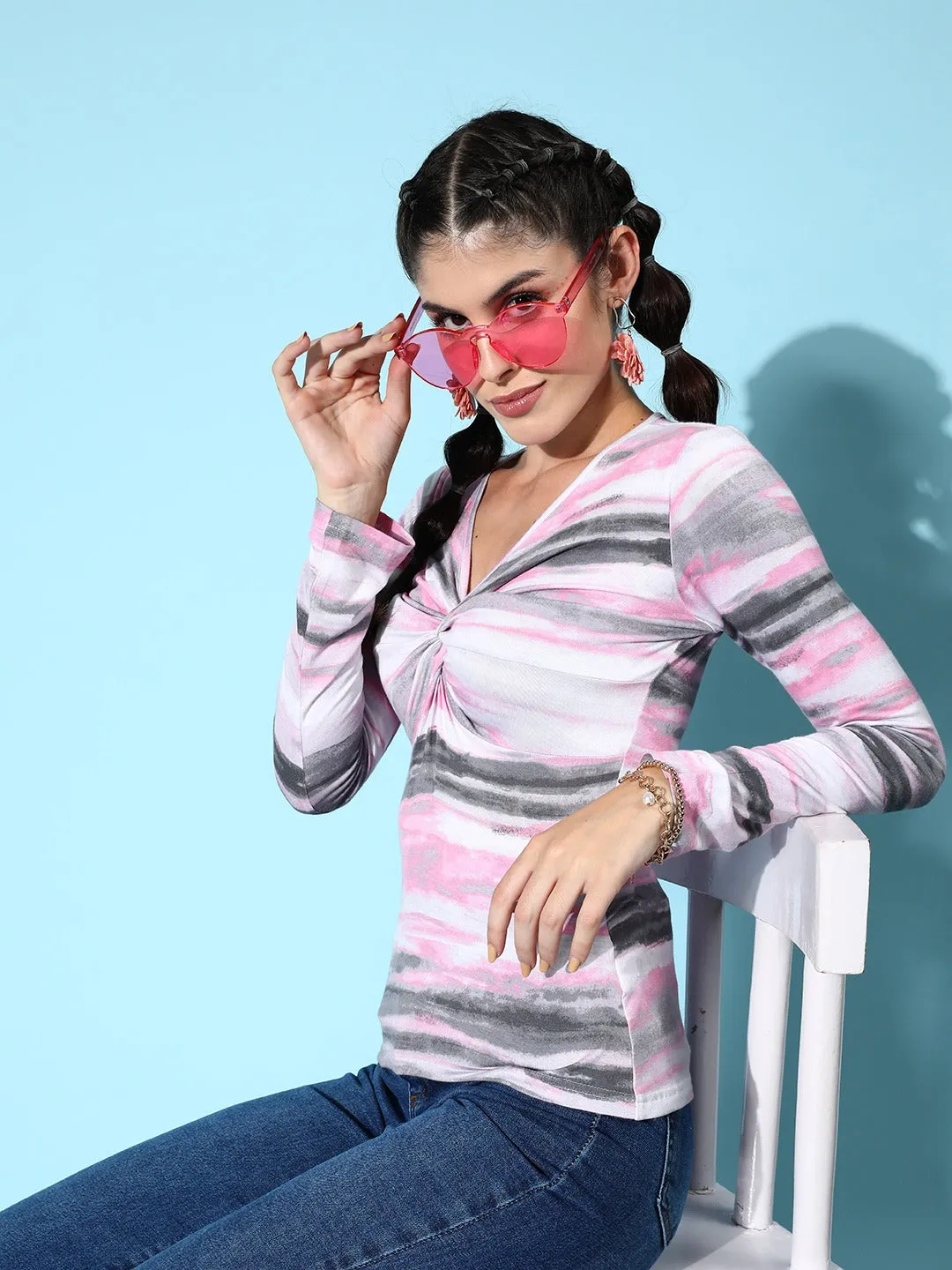 Berrylush Women Pink & White Striped Pattern V-Neck Long Sleeves Cotton Twisted Regular Top