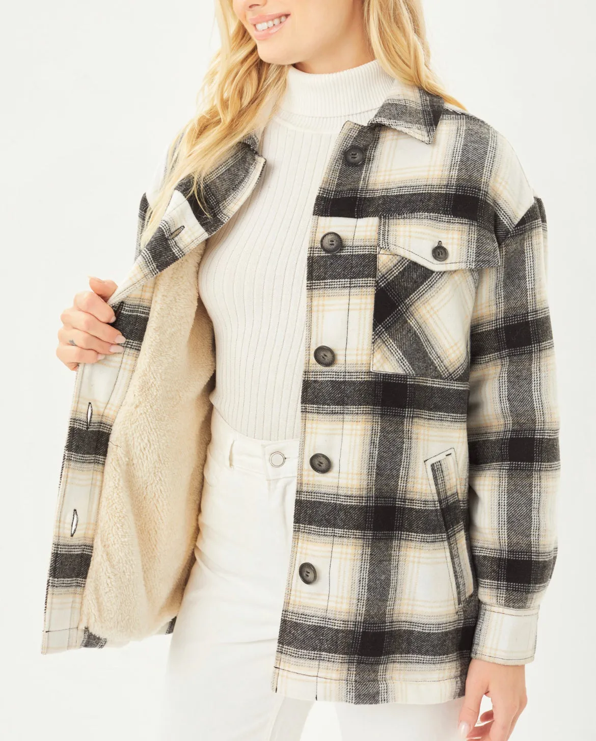 Black Plaid Sherpa Lined Shacket w/Pockets