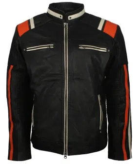 Black Retro Men's Biker Leather Jacket with Stripes