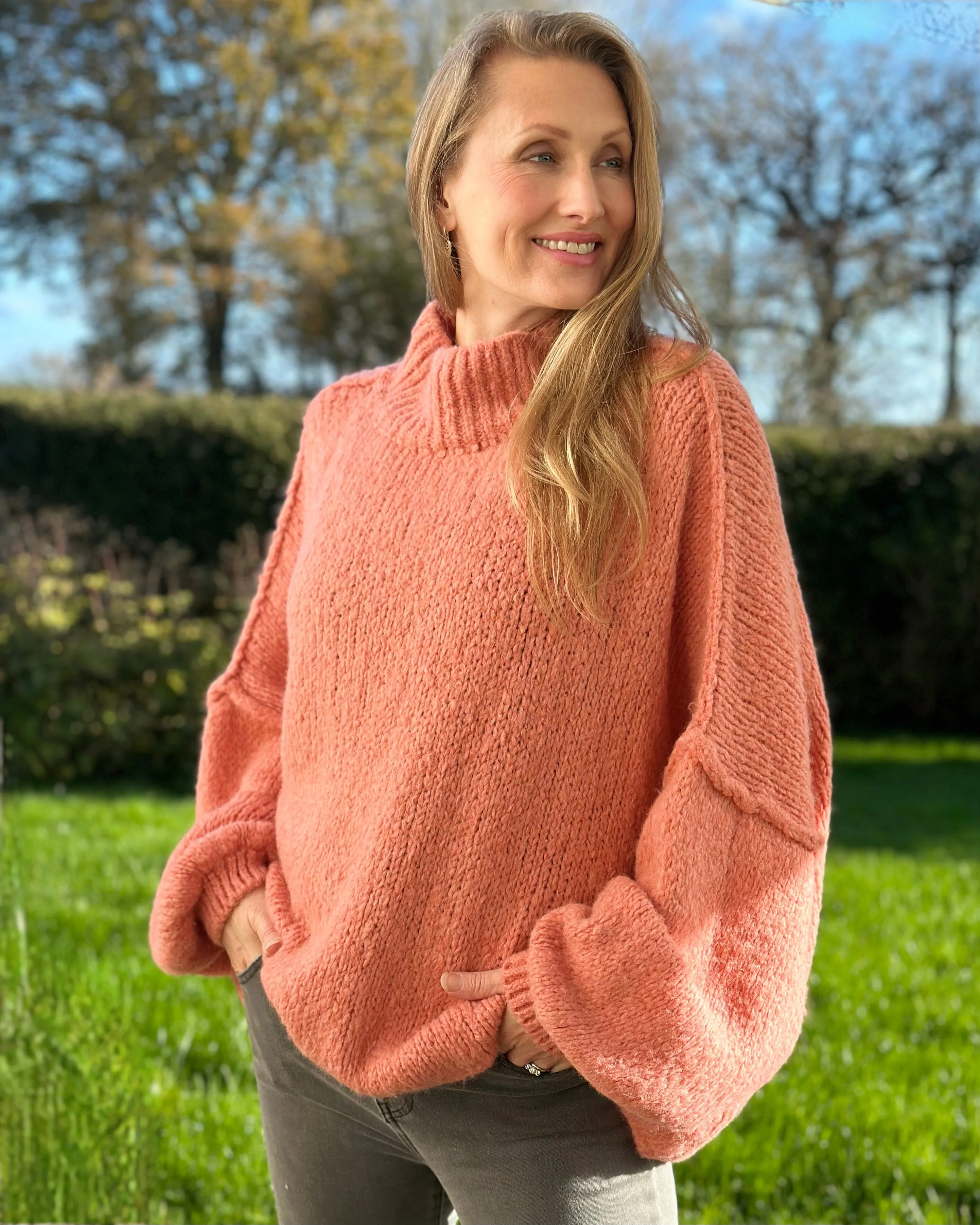 Chunky Knit Balloon Sleeve Jumper - Coral