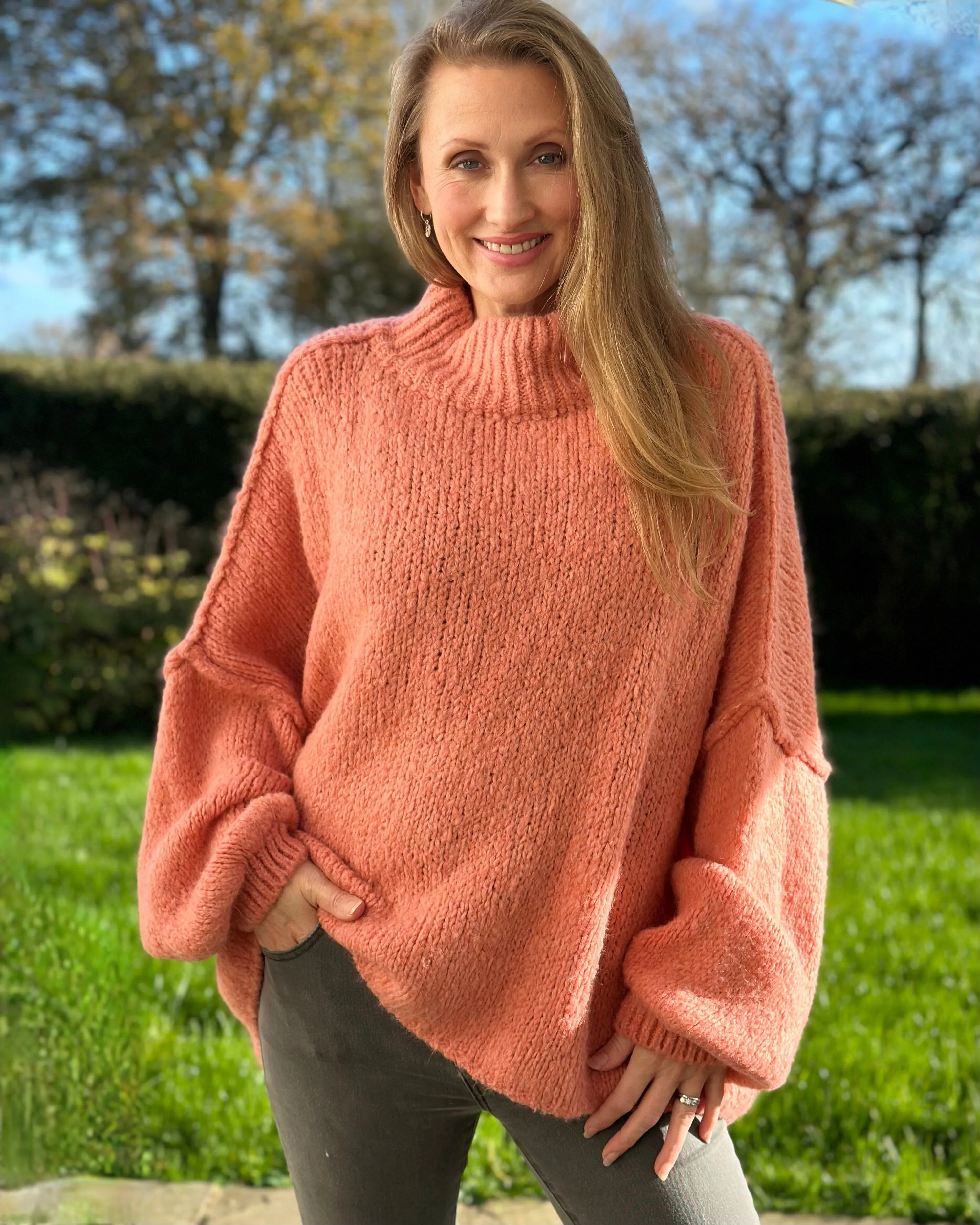 Chunky Knit Balloon Sleeve Jumper - Coral