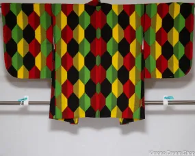 Colorful Unused Wool Haori - Vintage Green Yellow Black Red Women's Kimono Jacket - Tortoise Shell Hexagon Pattern - Scratchy Textured Touch