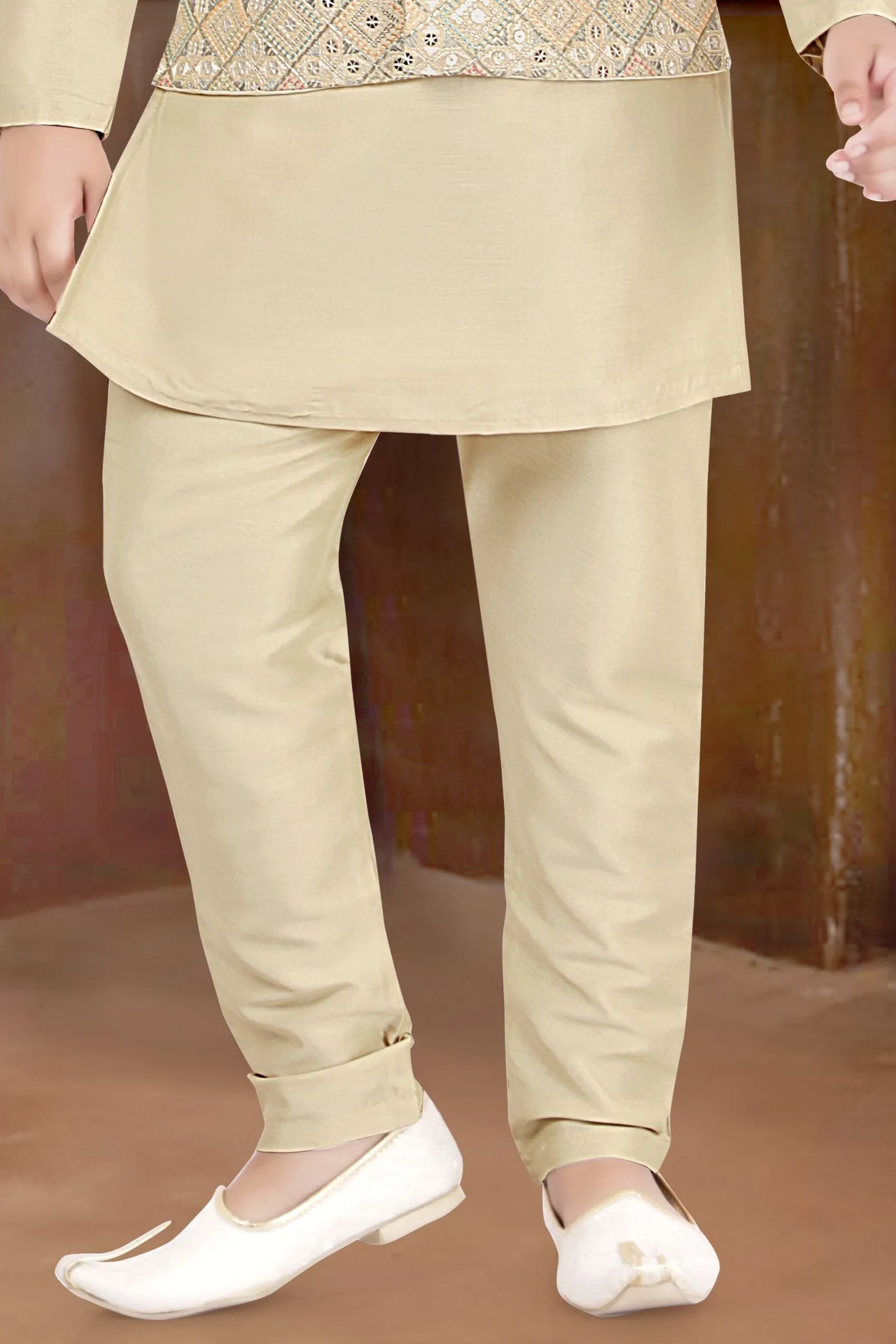 Fawn Thread and Sequins work Waist Coat Kurta Set for Boys