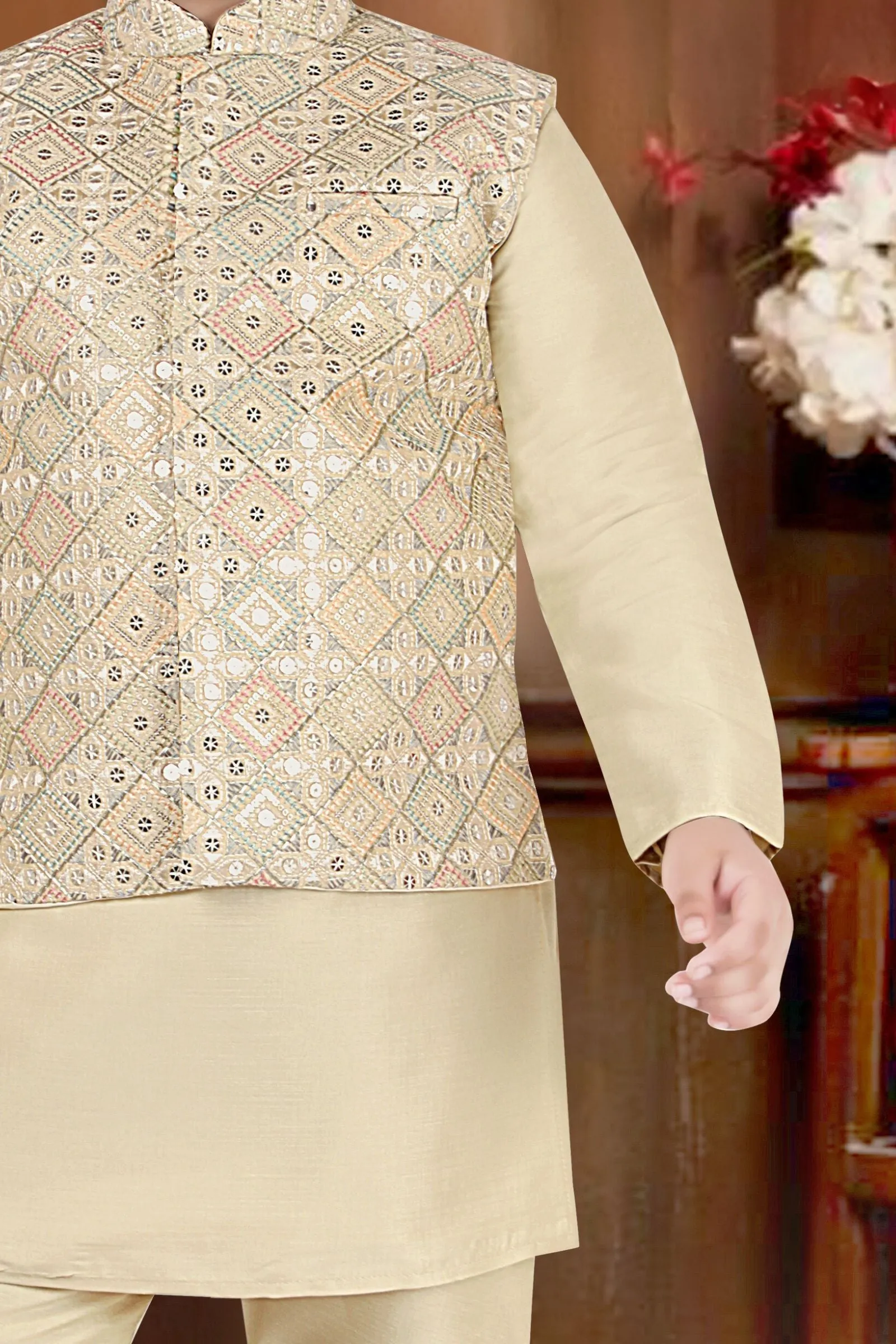 Fawn Thread and Sequins work Waist Coat Kurta Set for Boys