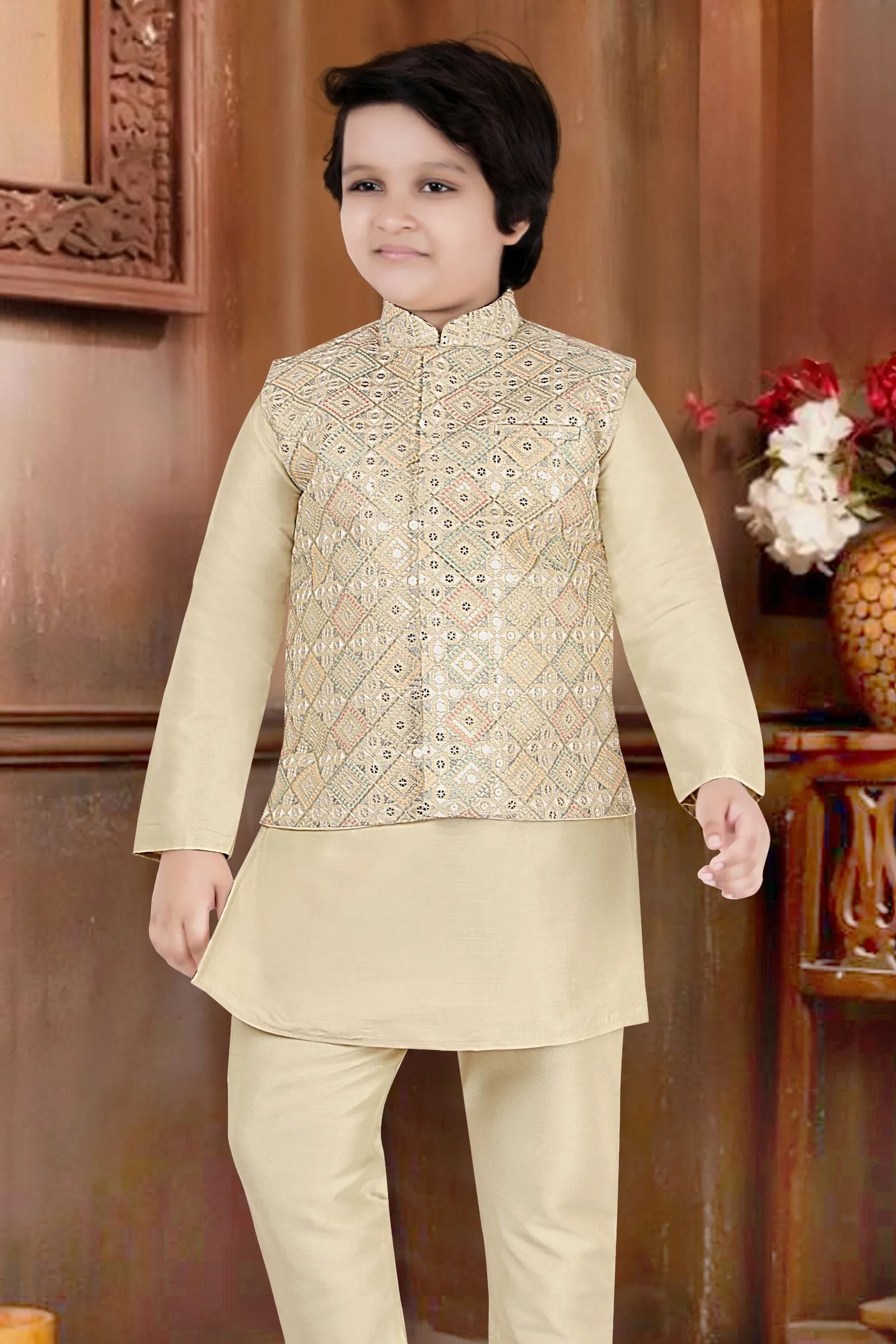 Fawn Thread and Sequins work Waist Coat Kurta Set for Boys