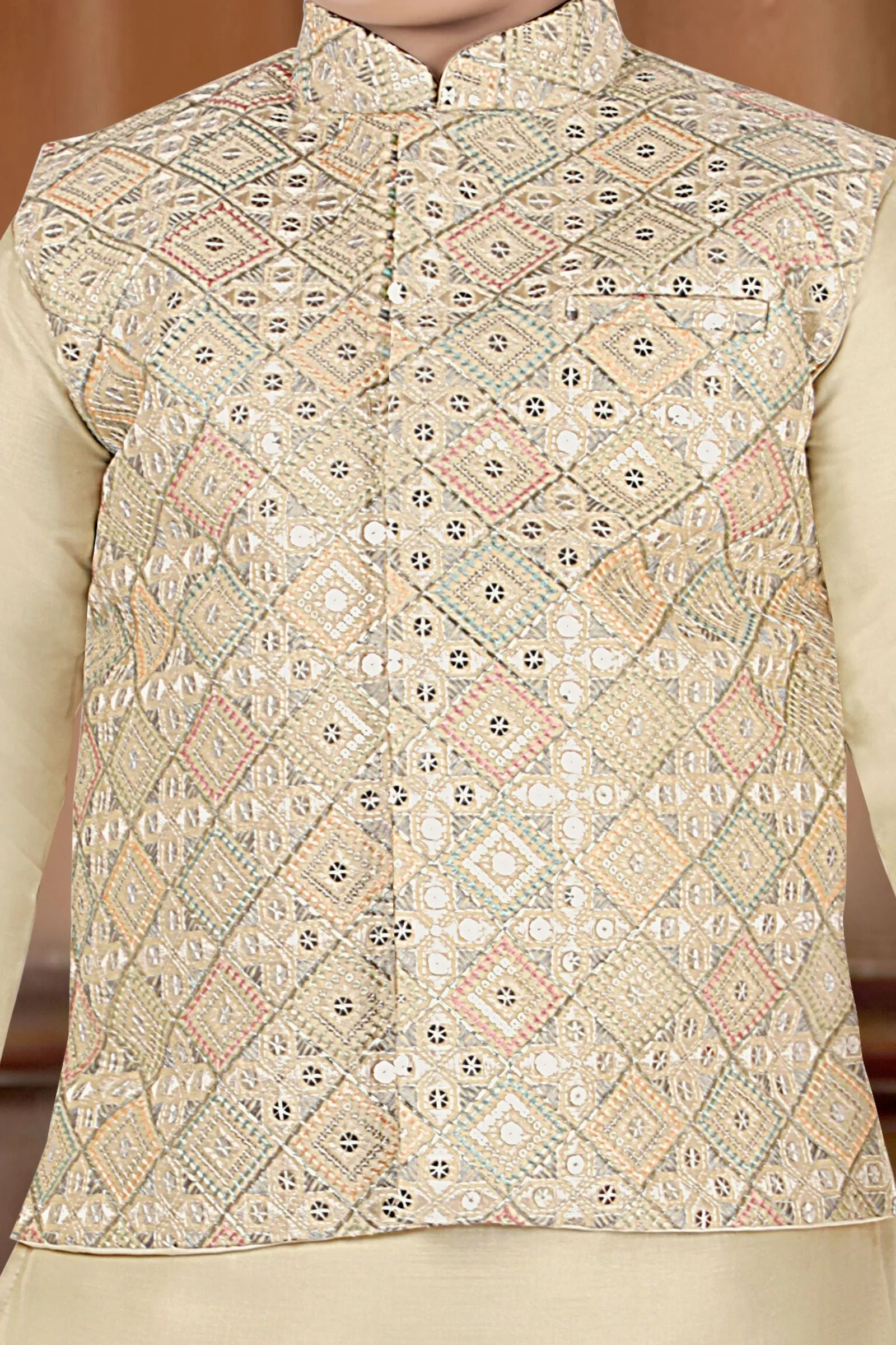 Fawn Thread and Sequins work Waist Coat Kurta Set for Boys