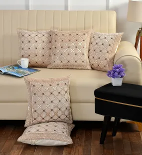 FRESH FROM LOOM Jacquard Soft Velvet Cushion Covers | Hypo-Allergenic | Washable | Non-Fade Diwan Sofa Pillow Covers for Home (Size - 16 x16 Inch, Color - Beige) - Set of 5pc