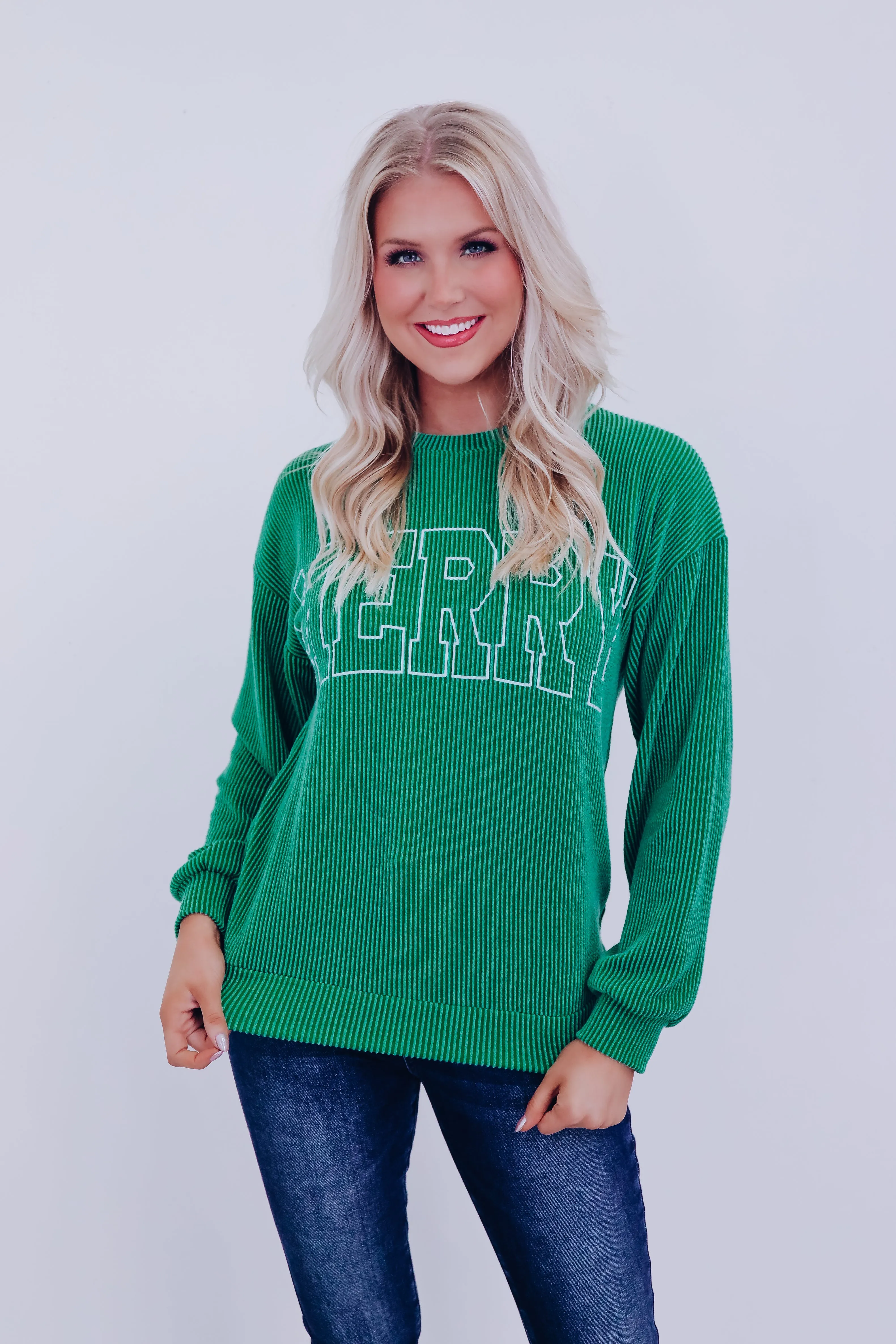 Holiday "Merry" Graphic Long Sleeve Top - Green