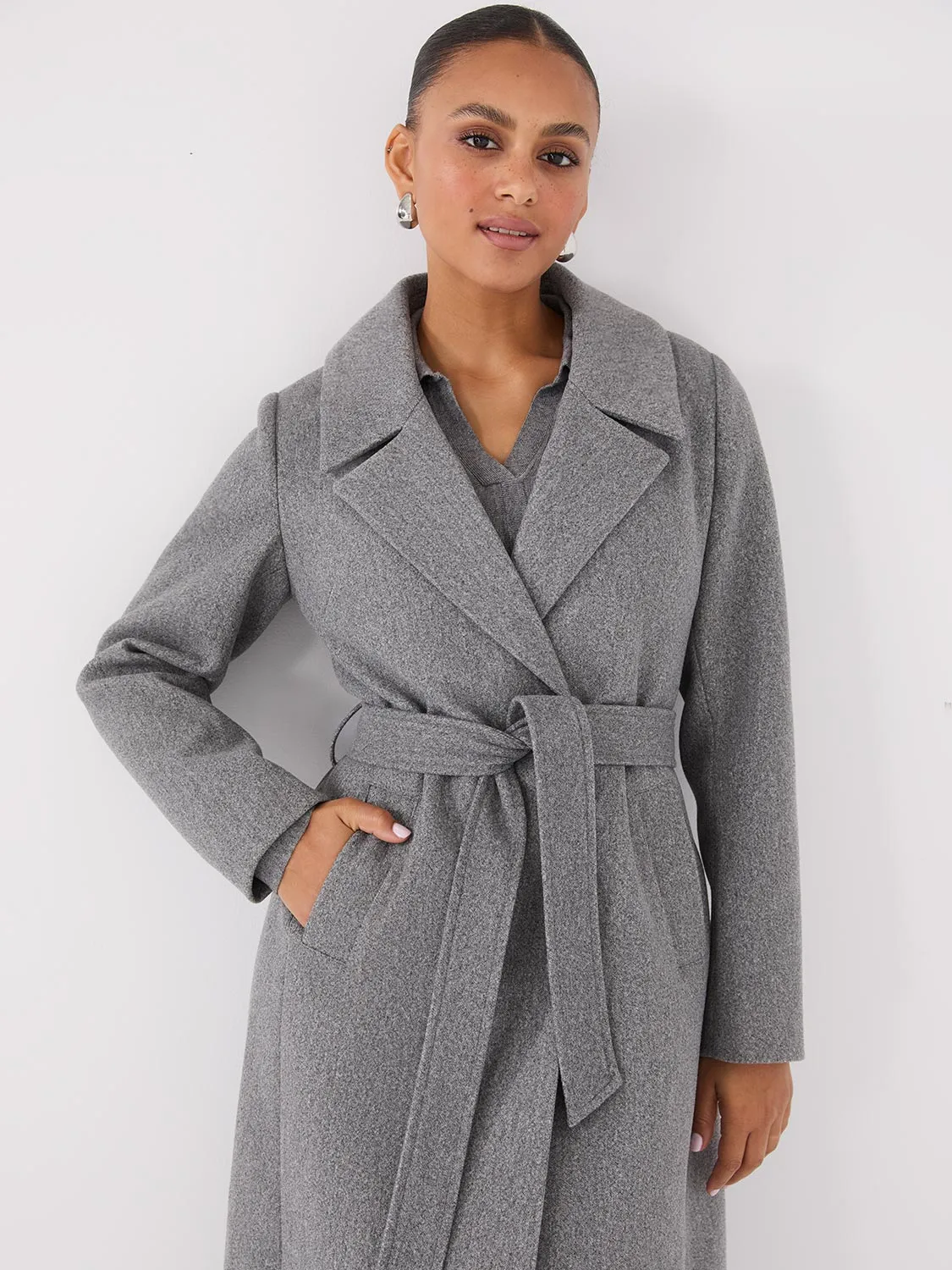 Long Wrap Coat With Faux Fur Collar