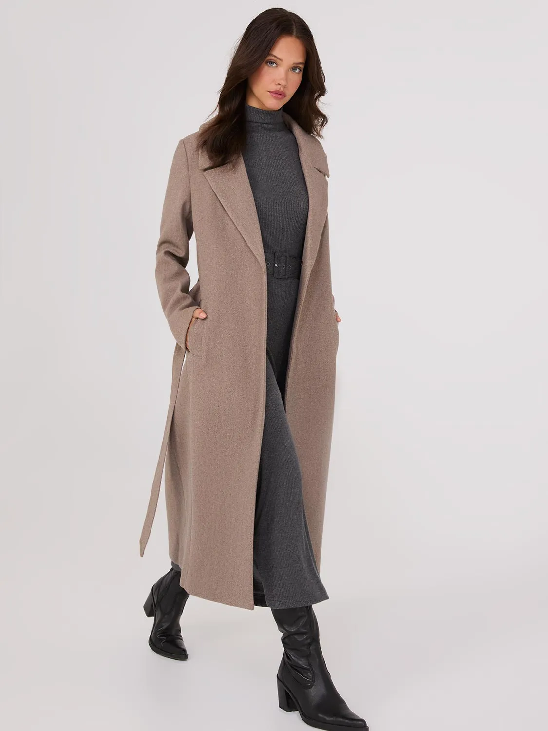 Long Wrap Coat With Faux Fur Collar