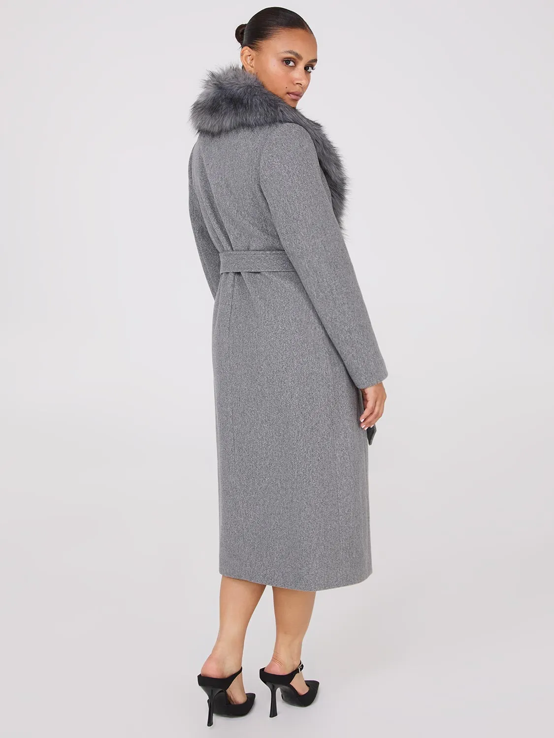 Long Wrap Coat With Faux Fur Collar