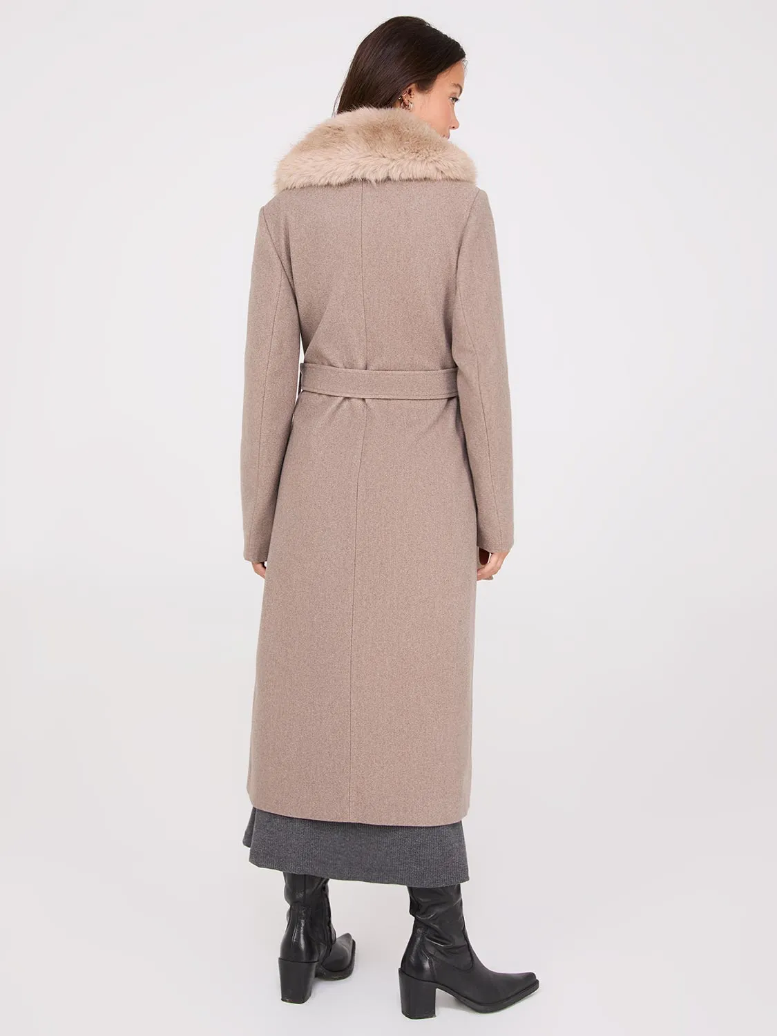 Long Wrap Coat With Faux Fur Collar