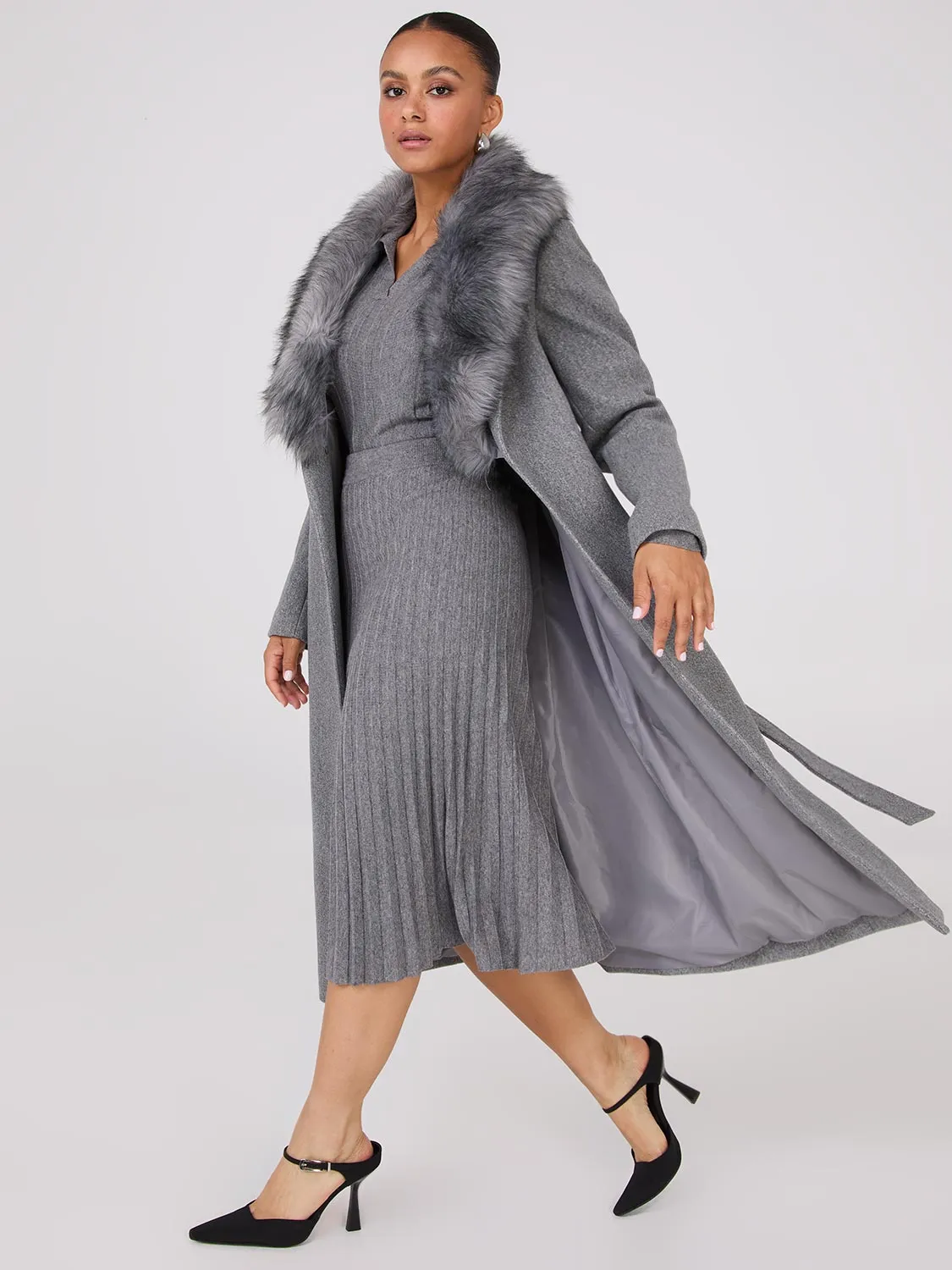 Long Wrap Coat With Faux Fur Collar