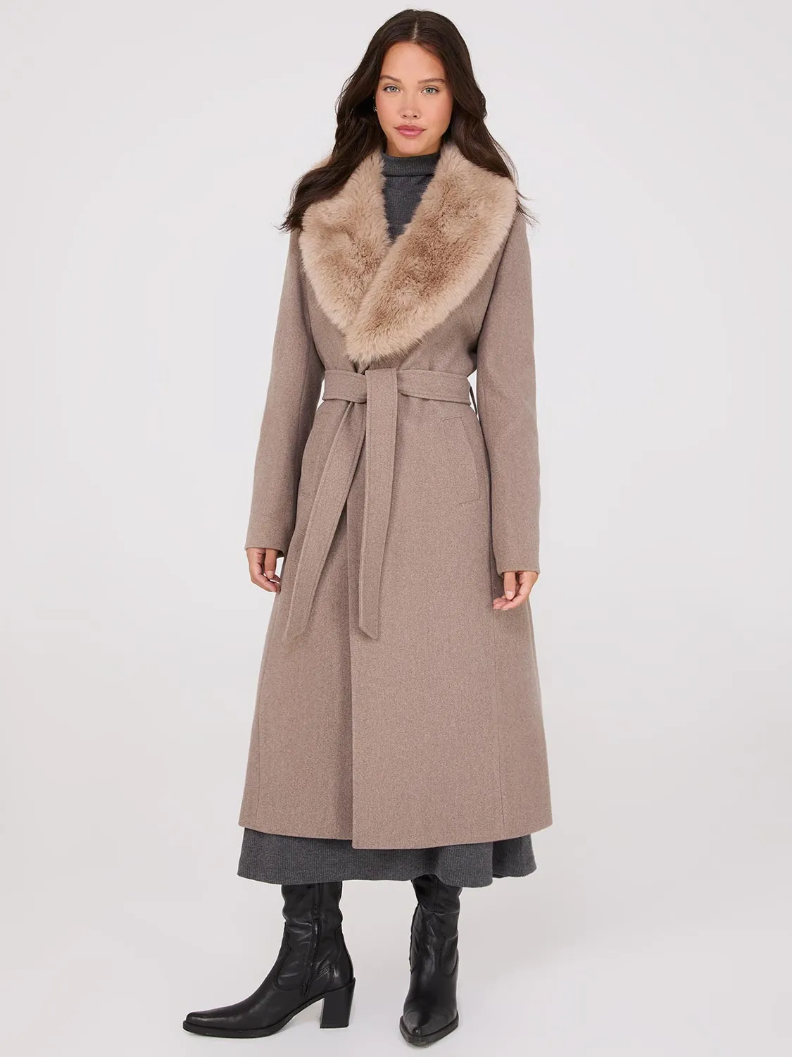 Long Wrap Coat With Faux Fur Collar