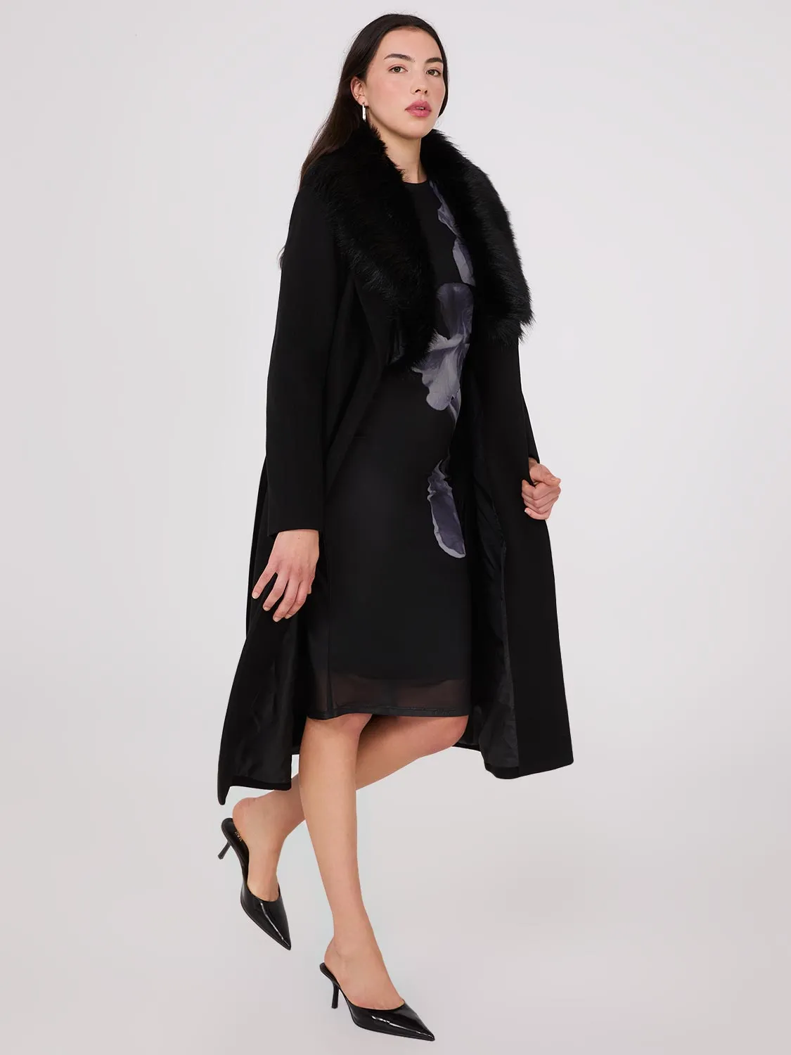 Long Wrap Coat With Faux Fur Collar