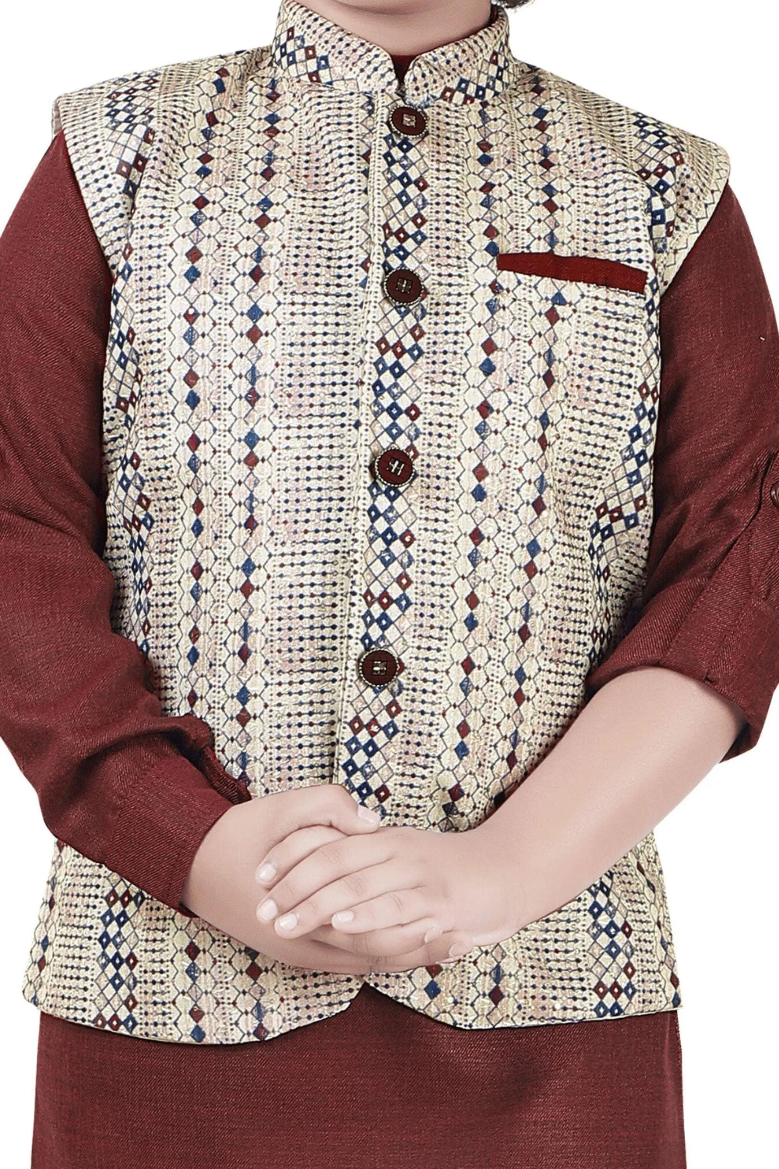 Maroon with Multicolor Digital Print and Thread Weaving work Waist Coat Kurta Set for Boys