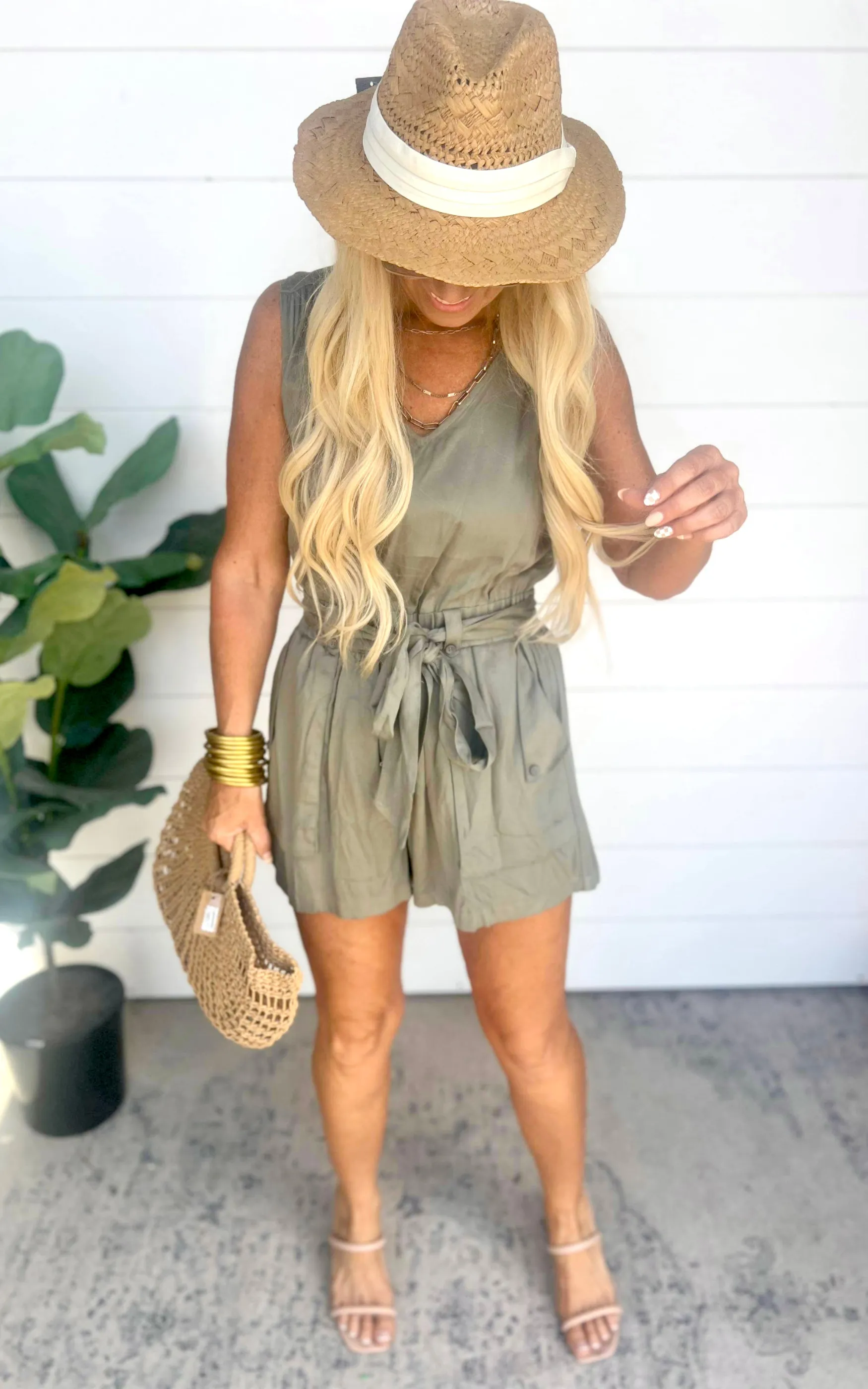 Olive Sleeveless V-Neck 3D Pocket Romper - Final Sale